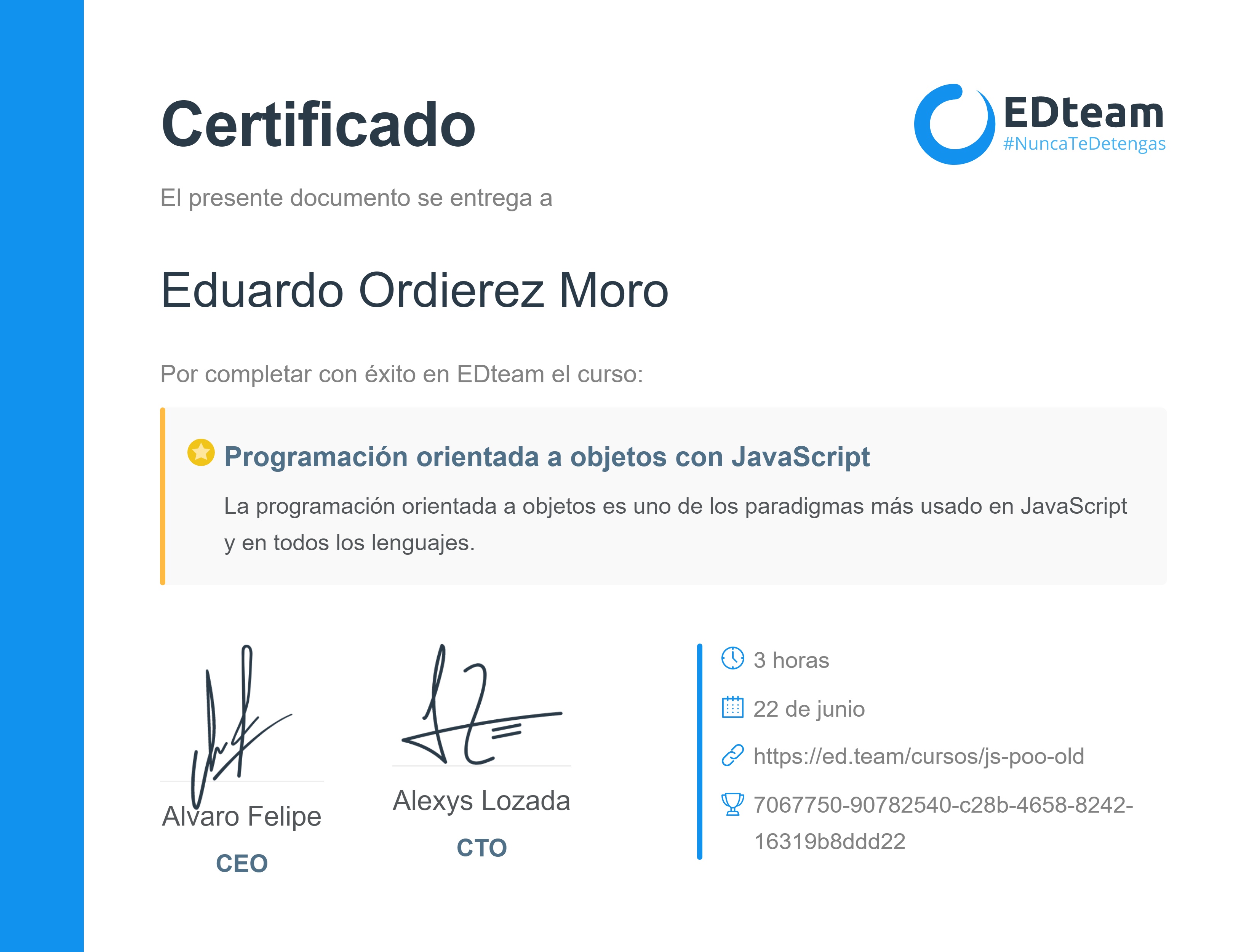 Certificado de Eduardo Ordierez Moro del curso Programación orientada a objetos con JavaScript (2018)