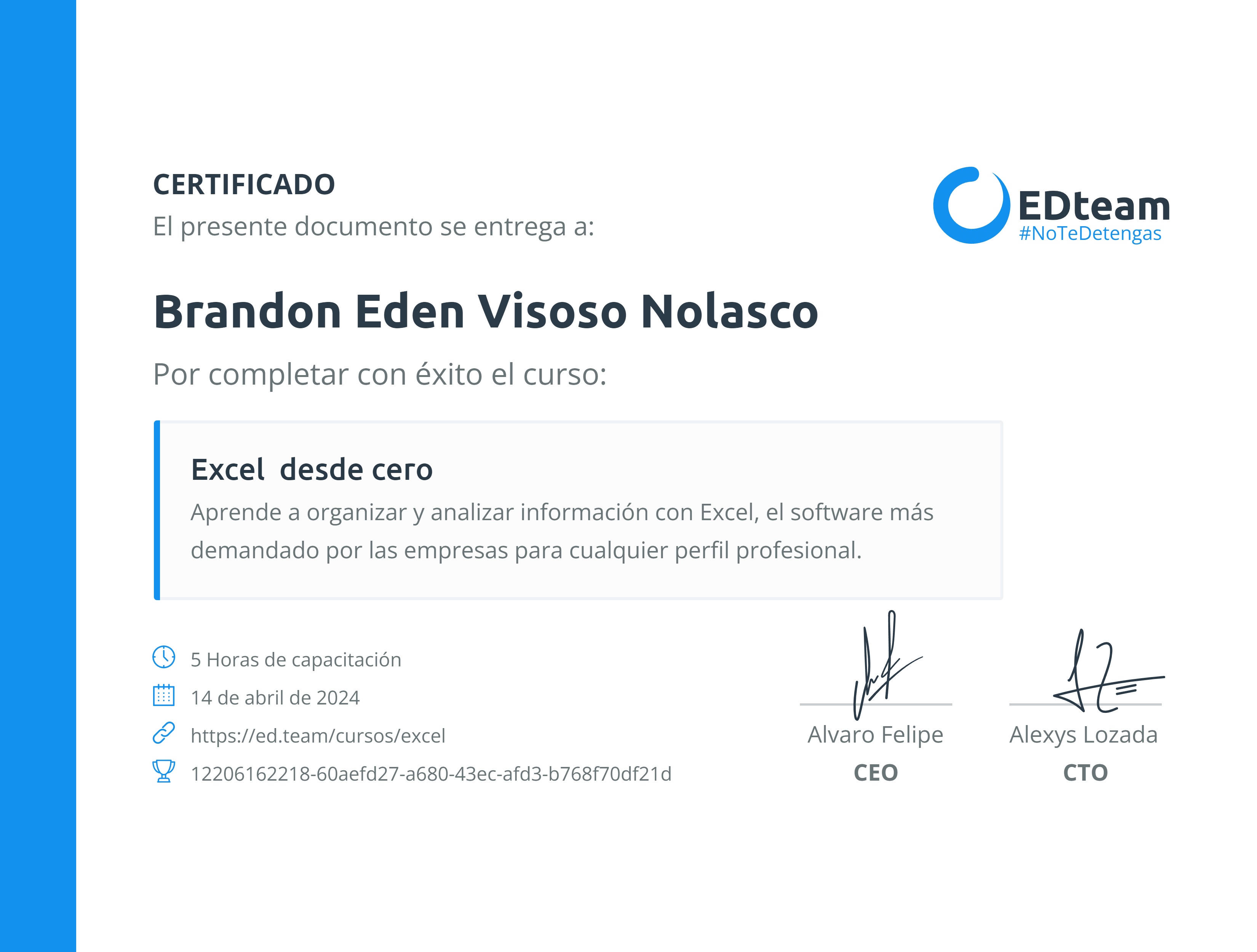Certificado de Brandon Eden Visoso Nolasco del curso Excel desde cero