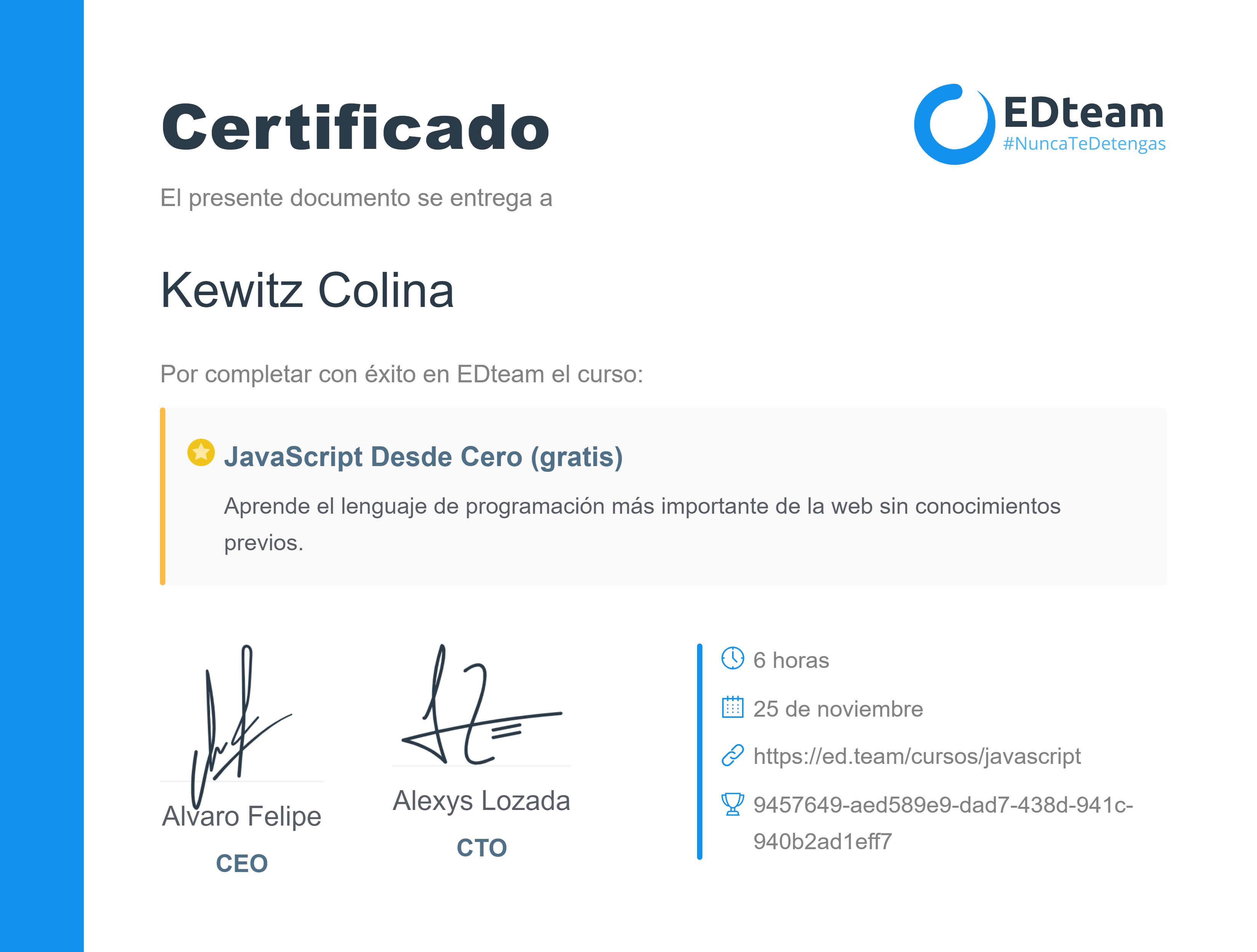 Certificado de Kewitz Colina del curso JavaScript Desde Cero (gratis) (2018)
