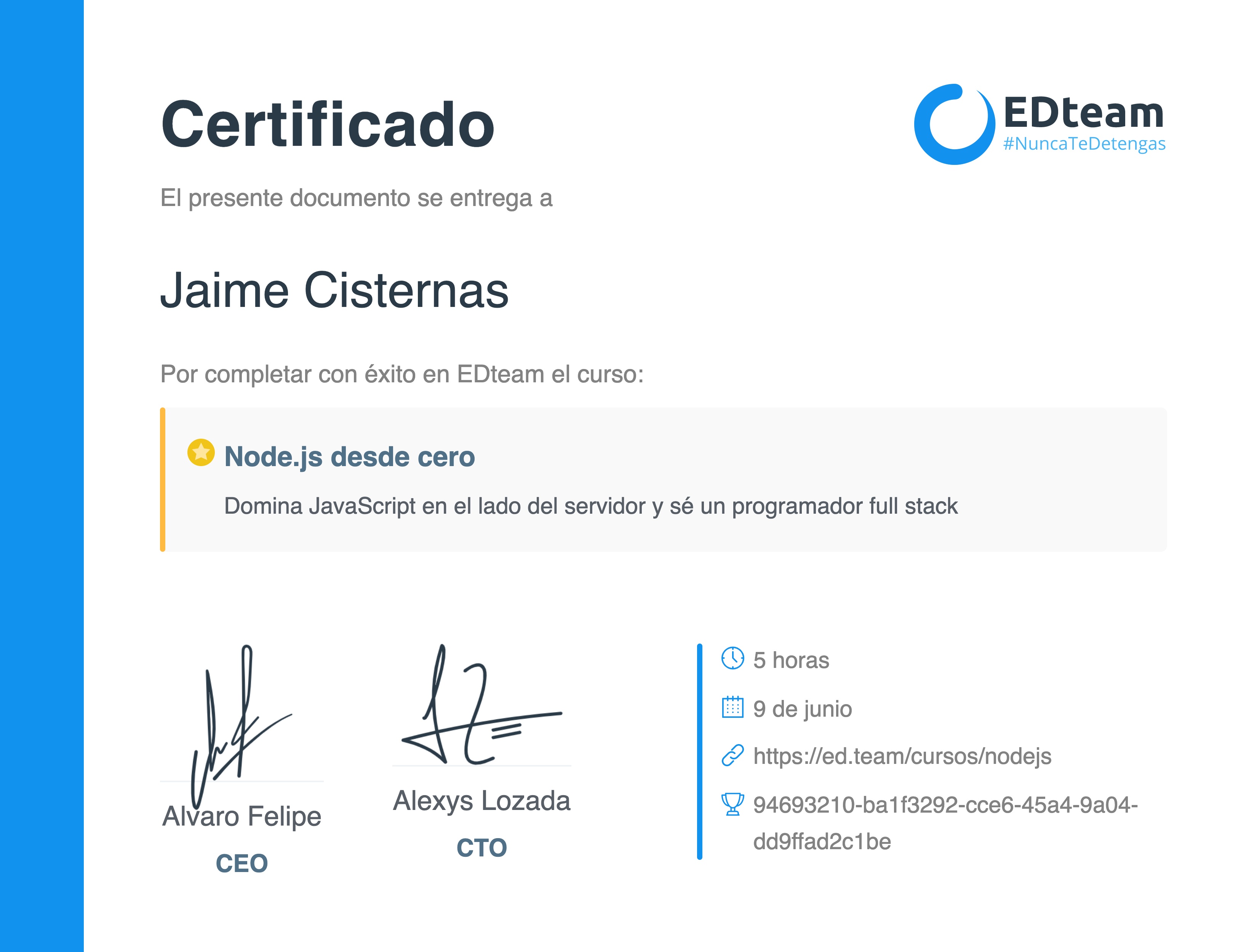 Certificado de Jaime Cisternas del curso Node.js desde cero (2019)