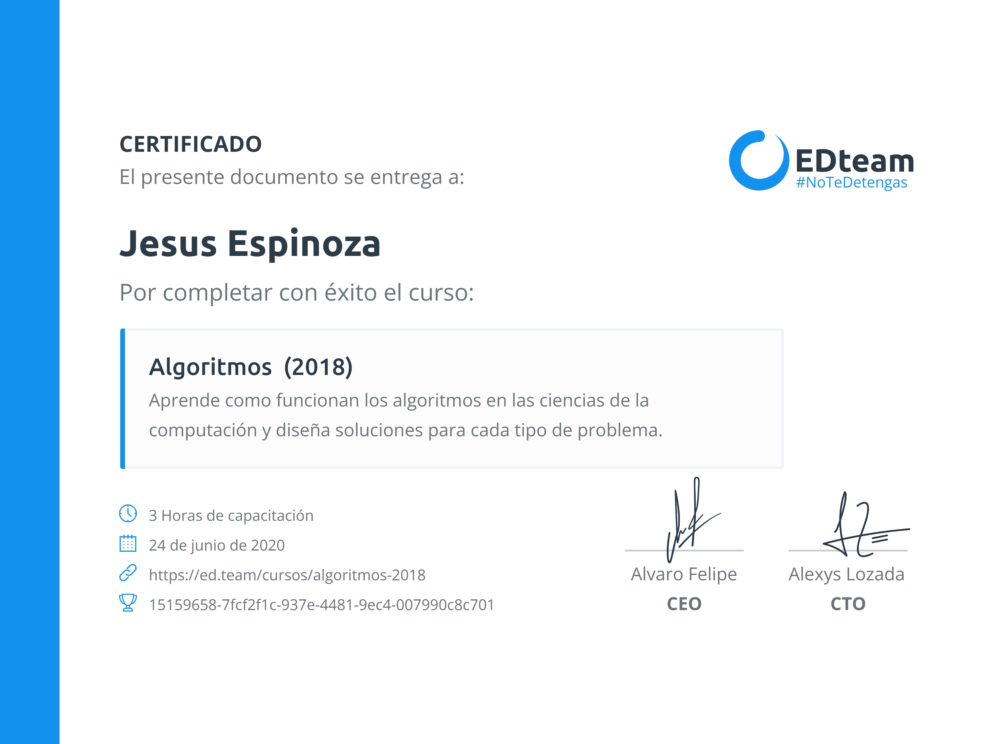 Certificado de Jesus Espinoza del curso Algoritmos (2018)
