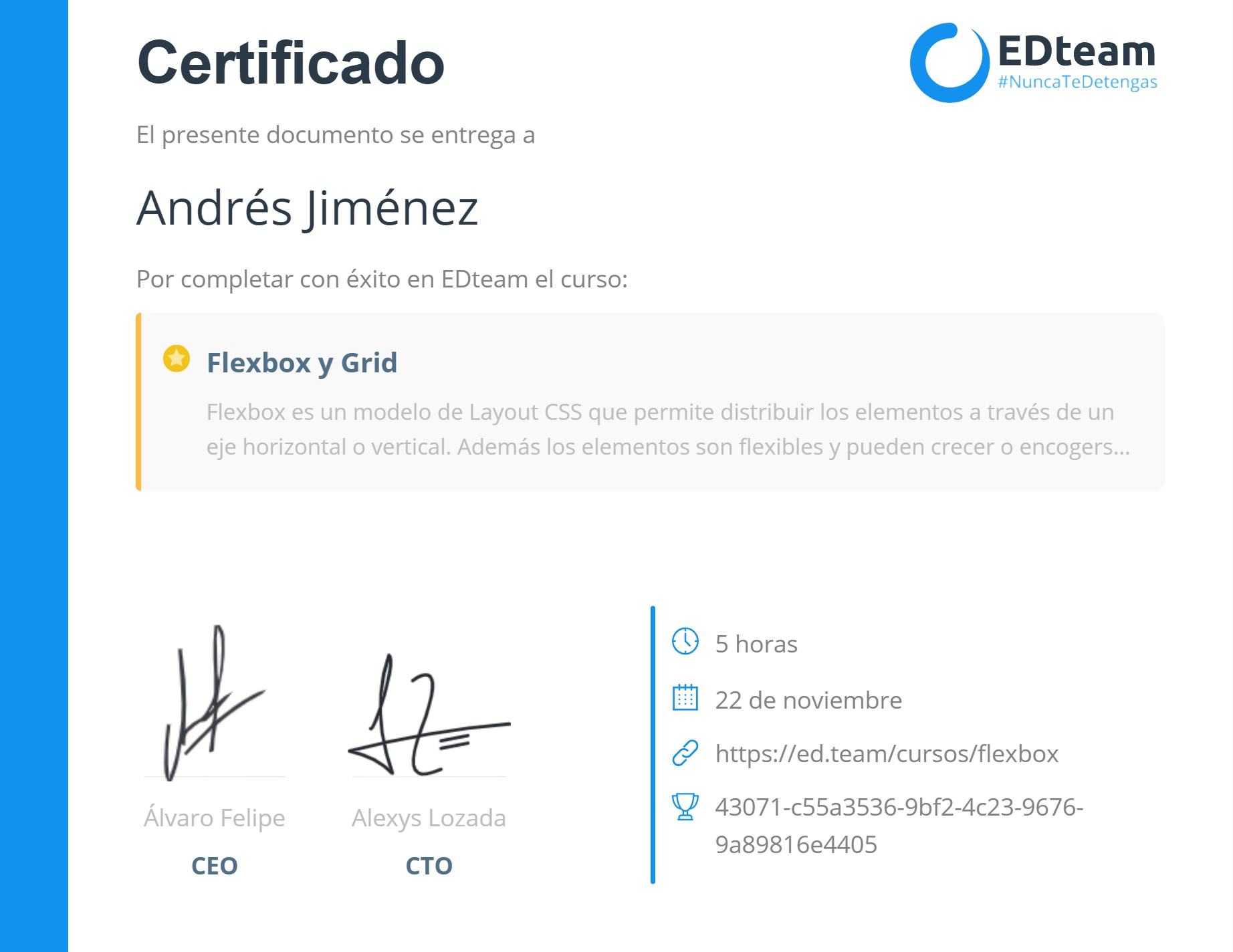 Certificado de Andrés Jiménez del curso Flexbox y Grid