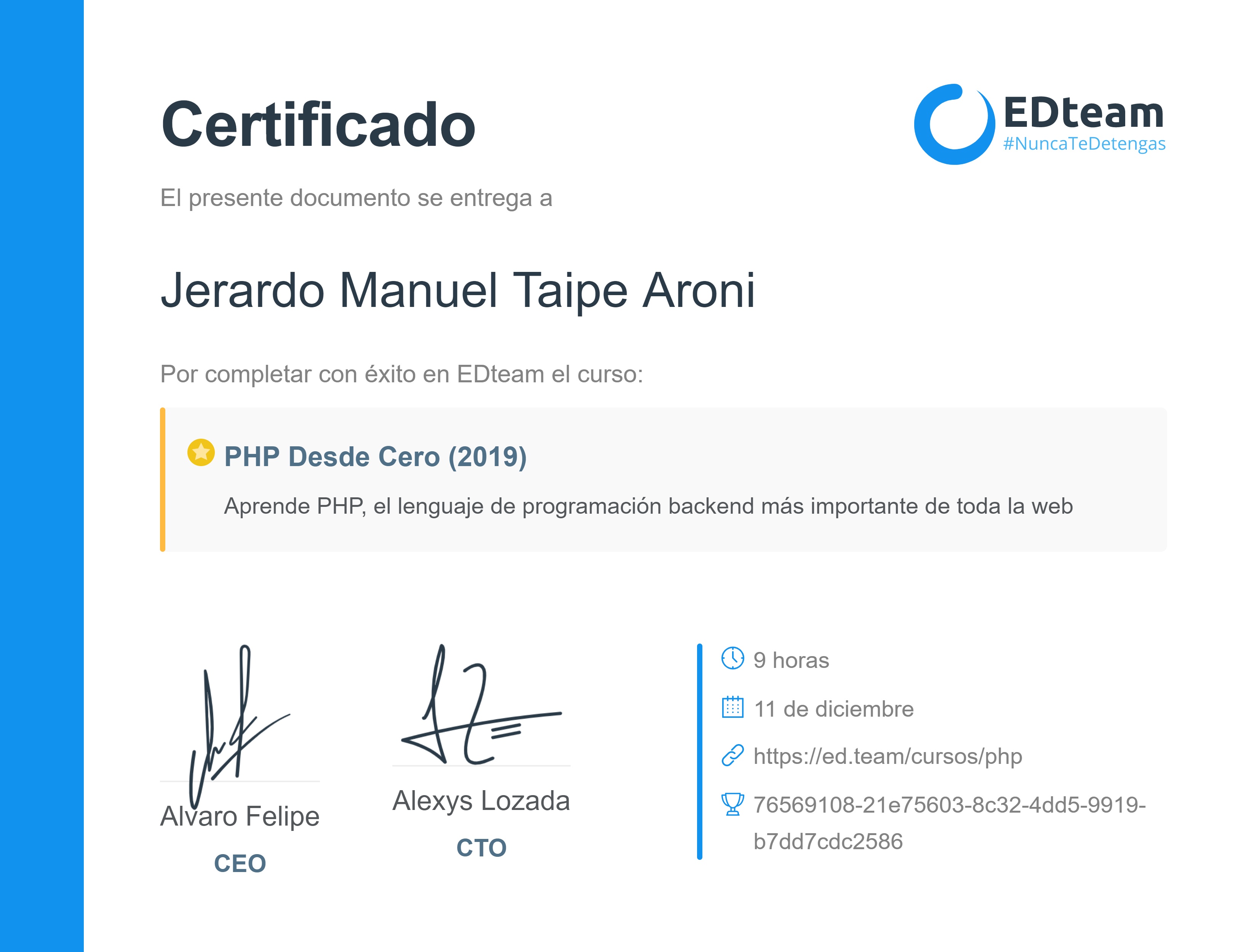 Certificado de Juan Toledo aquije del curso PHP Desde Cero