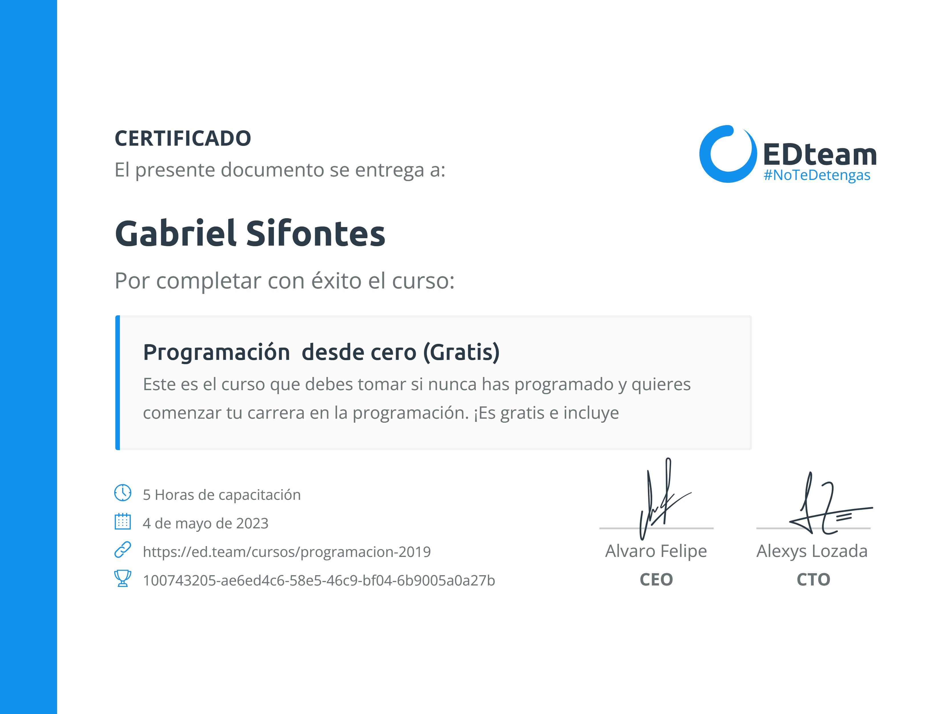 Certificado de Gabriel Sifontes del curso Programación desde cero (2019)