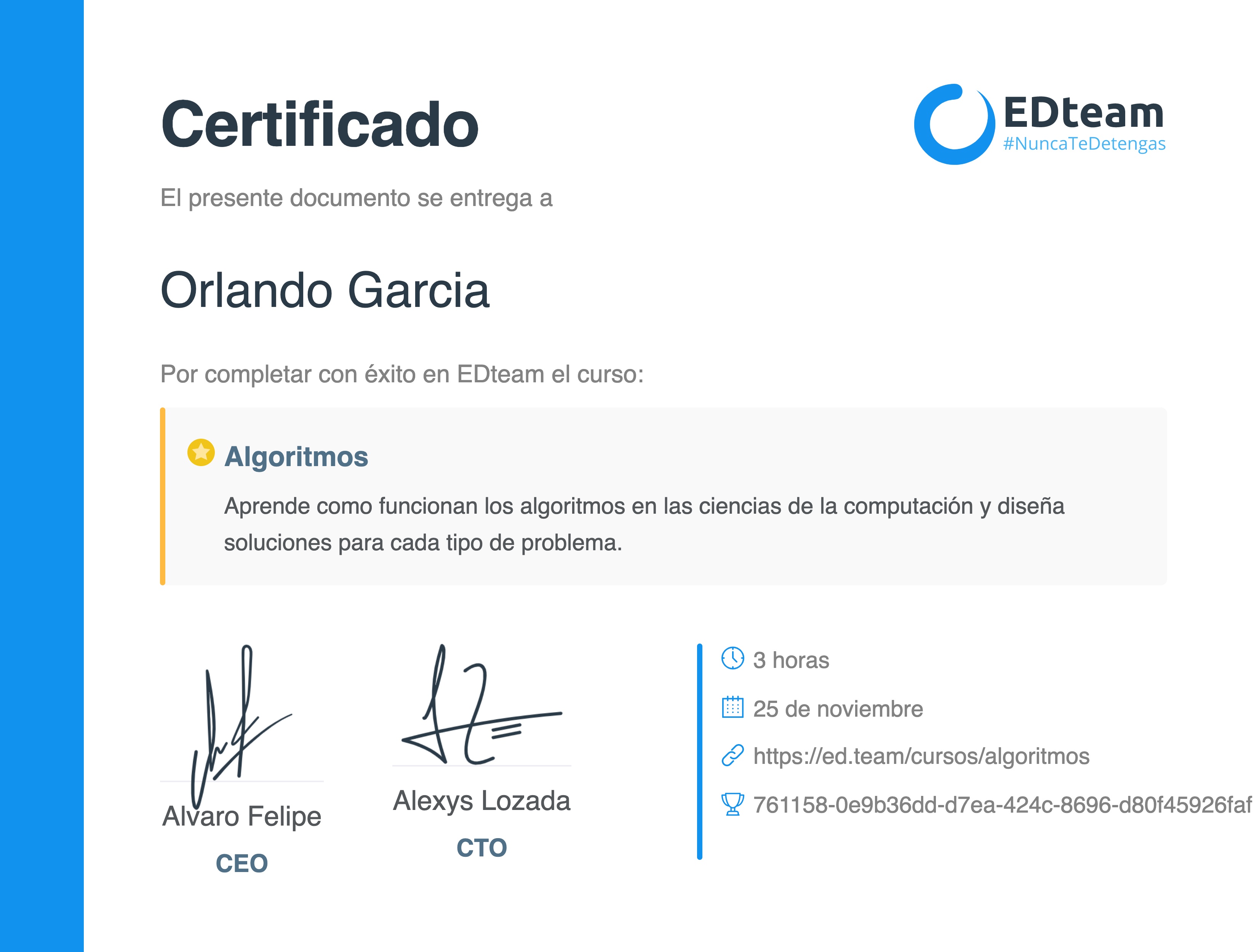 Certificado de Orlando Garcia del curso Algoritmos (2018)