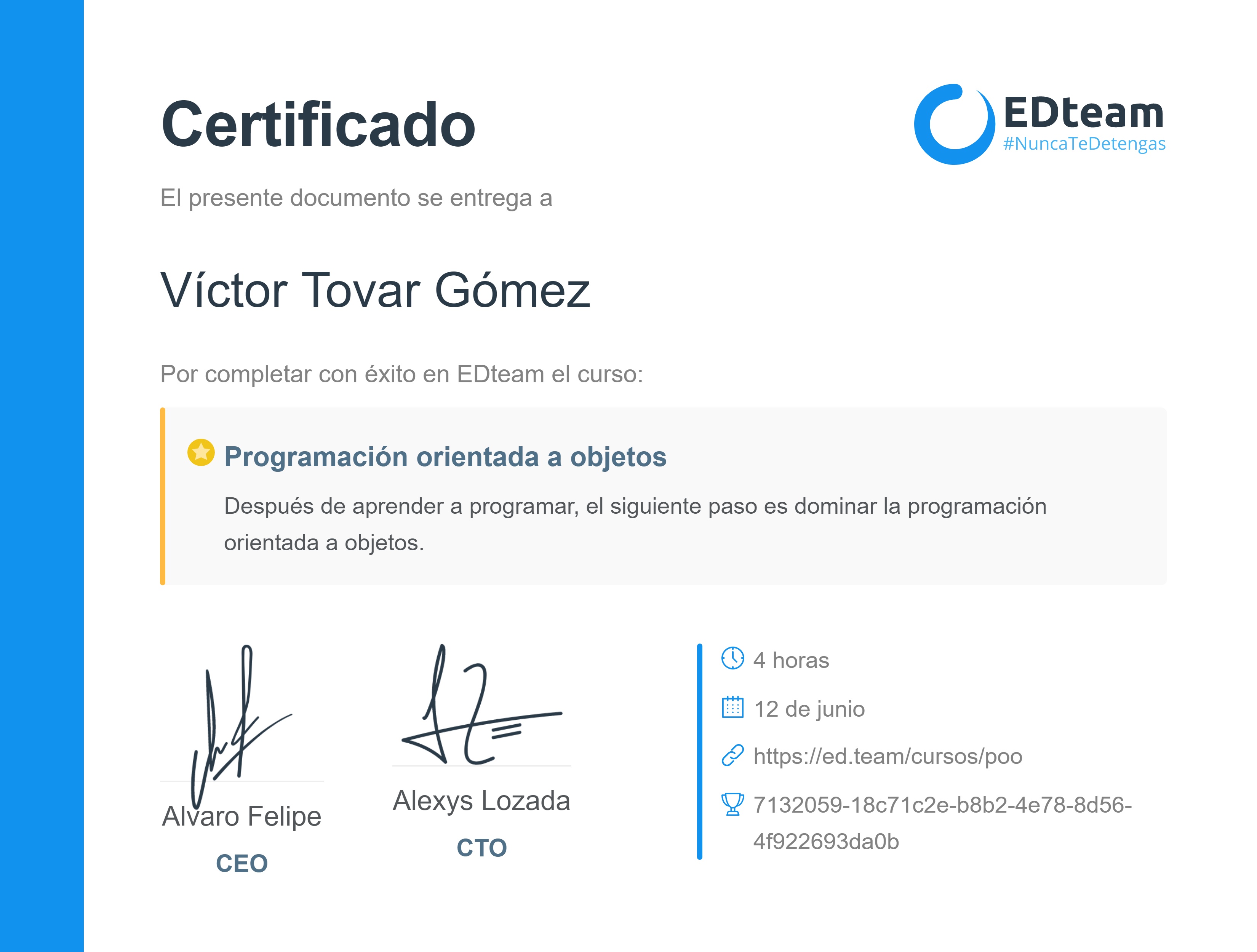 Certificado de Víctor Tovar del curso Programación orientada a objetos