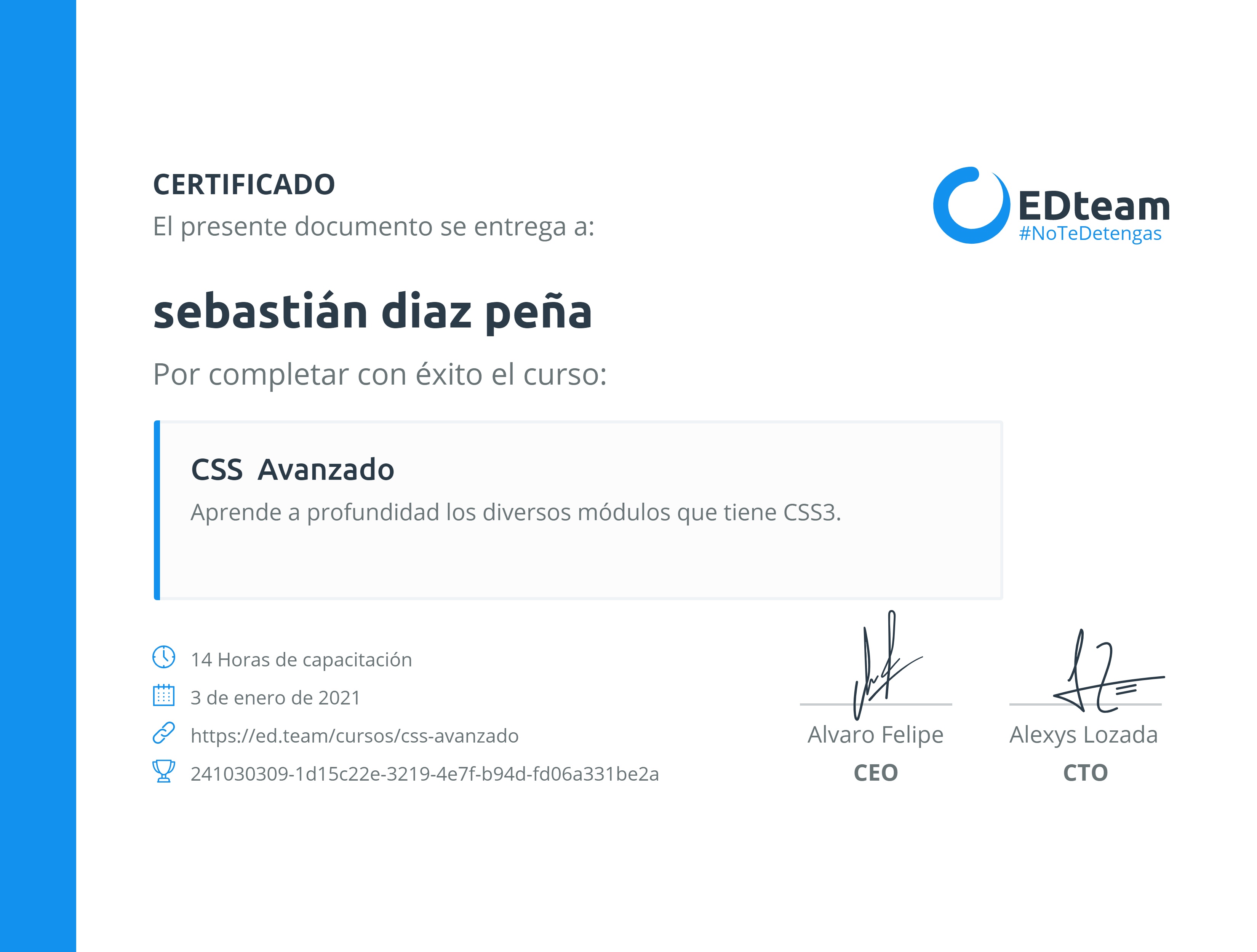 Certificado de Sebastián Díaz Peña del curso CSS Avanzado