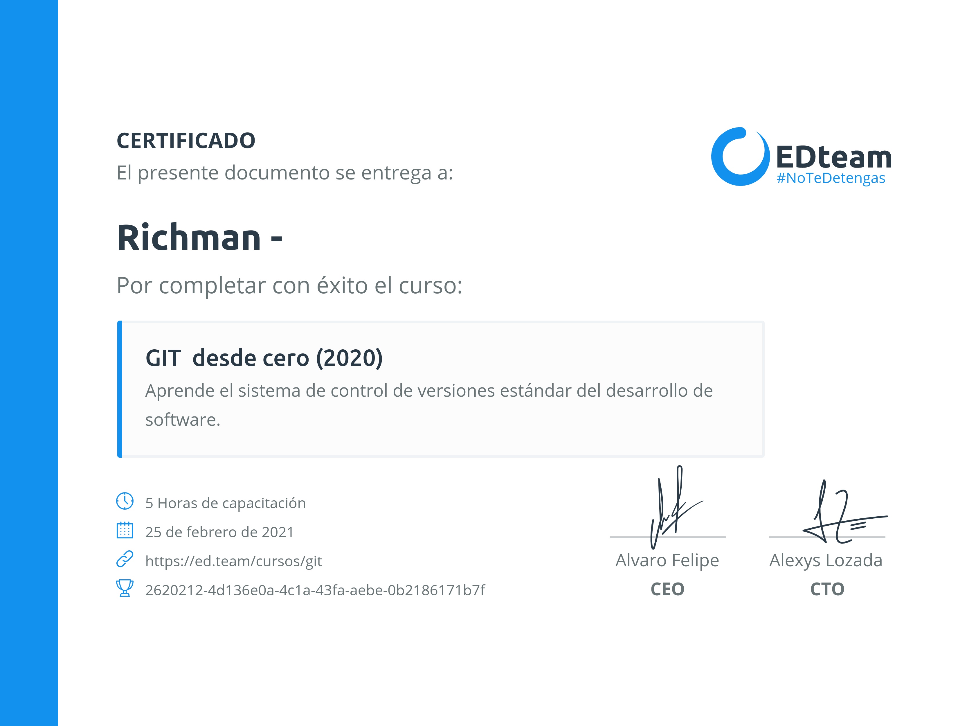 Certificado de Richman Pariona Torres del curso GIT desde cero