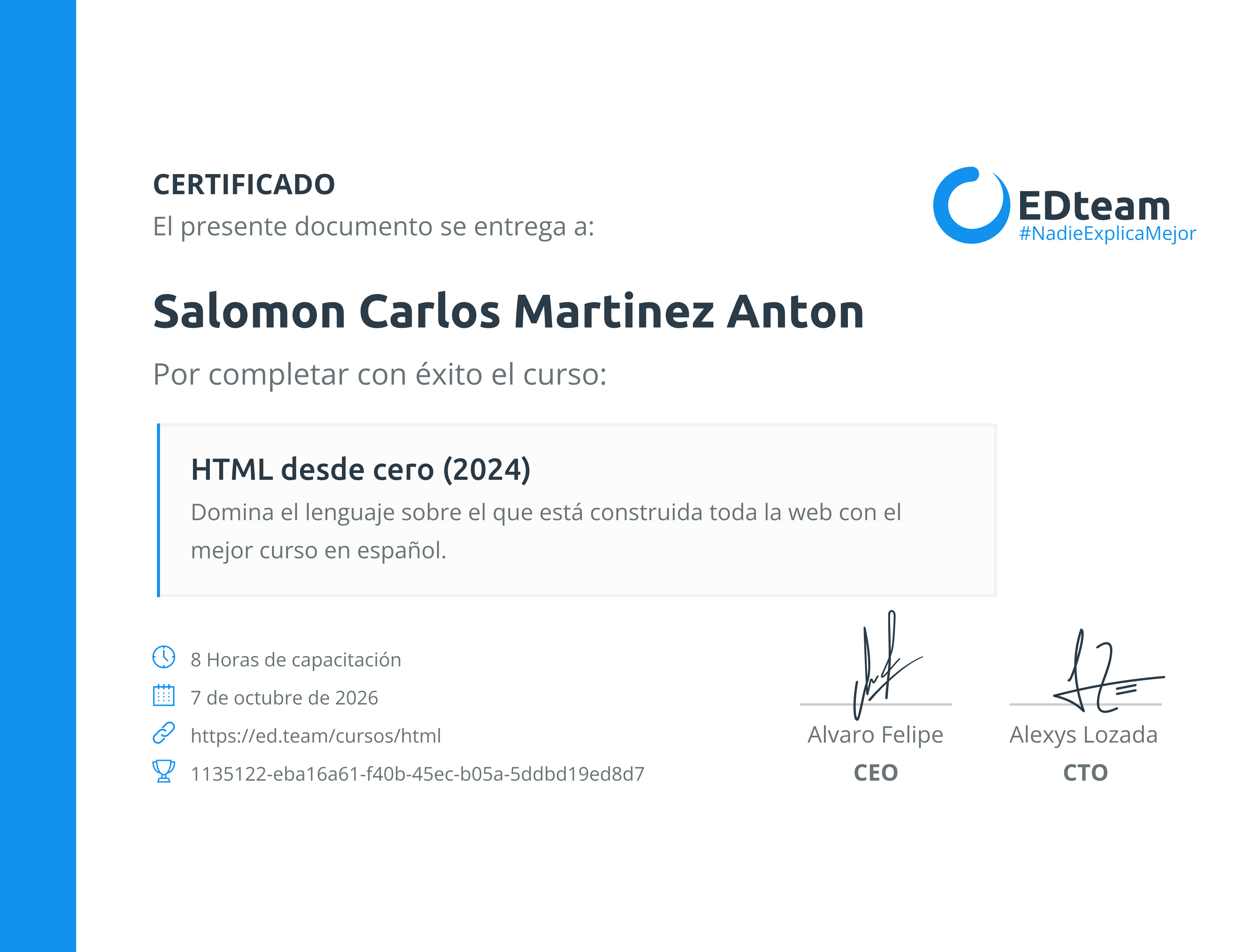 Certificado de Salomon Carlos Martinez Anton del curso HTML desde cero (2024)