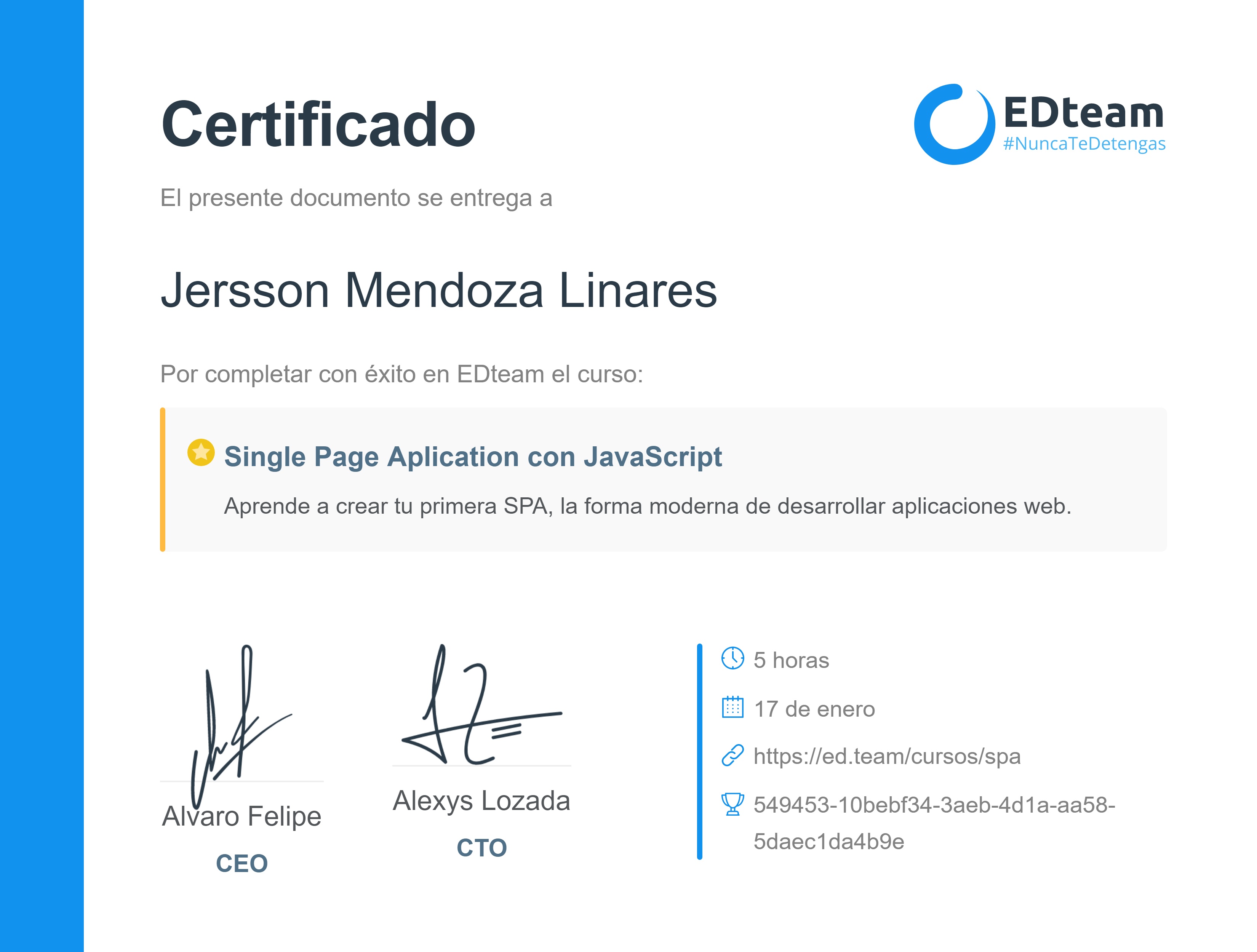 Certificado de Jersson Mendoza Linares del curso Single Page Aplication con JavaScript