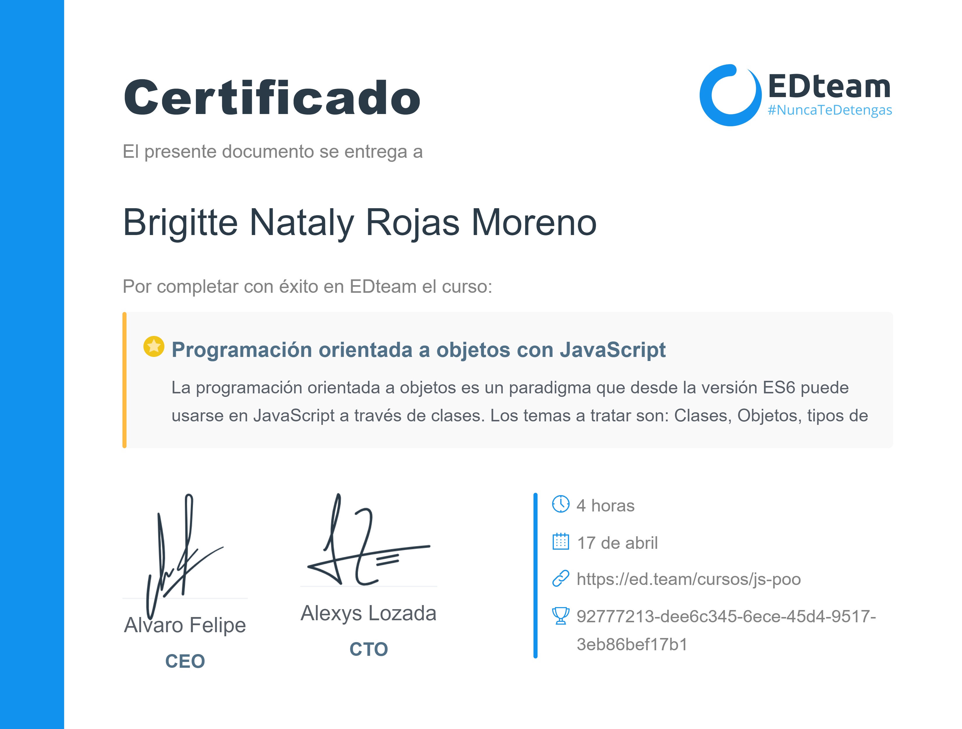 Certificado de Brigitte Nataly Rojas Moreno del curso Programación orientada a objetos con JavaScript