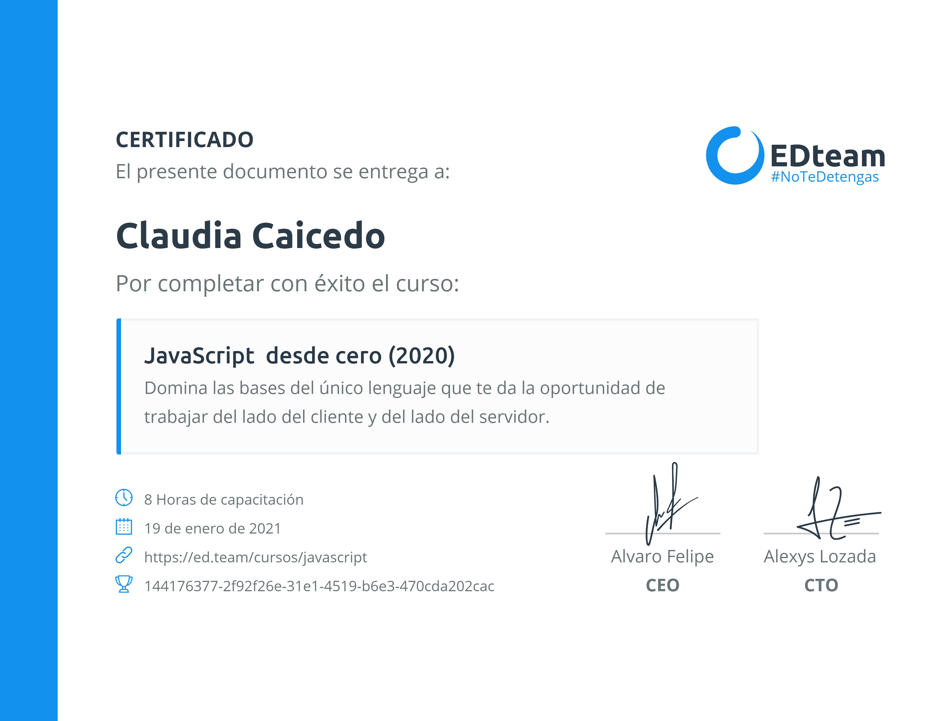 Certificado de Claudia Caicedo del curso JavaScript desde cero