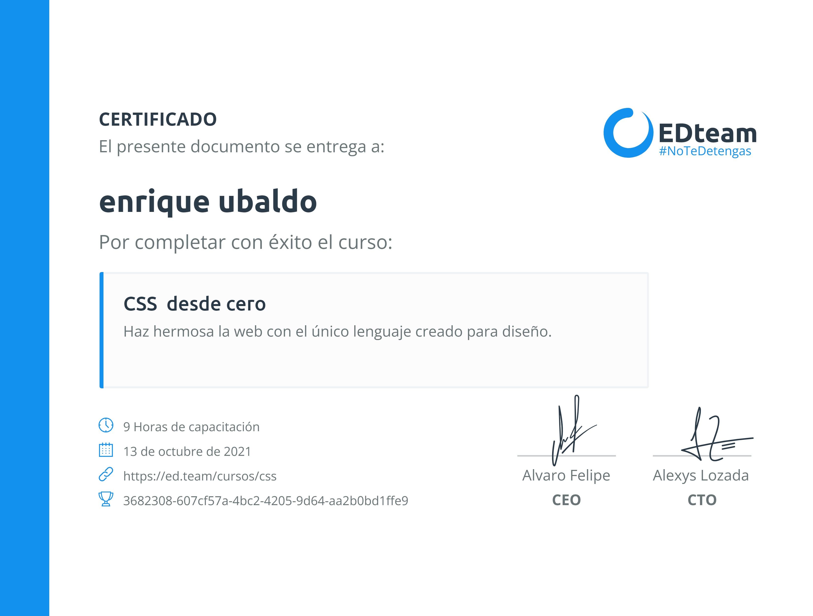 Certificado de enrique ubaldo del curso CSS desde cero (2020)