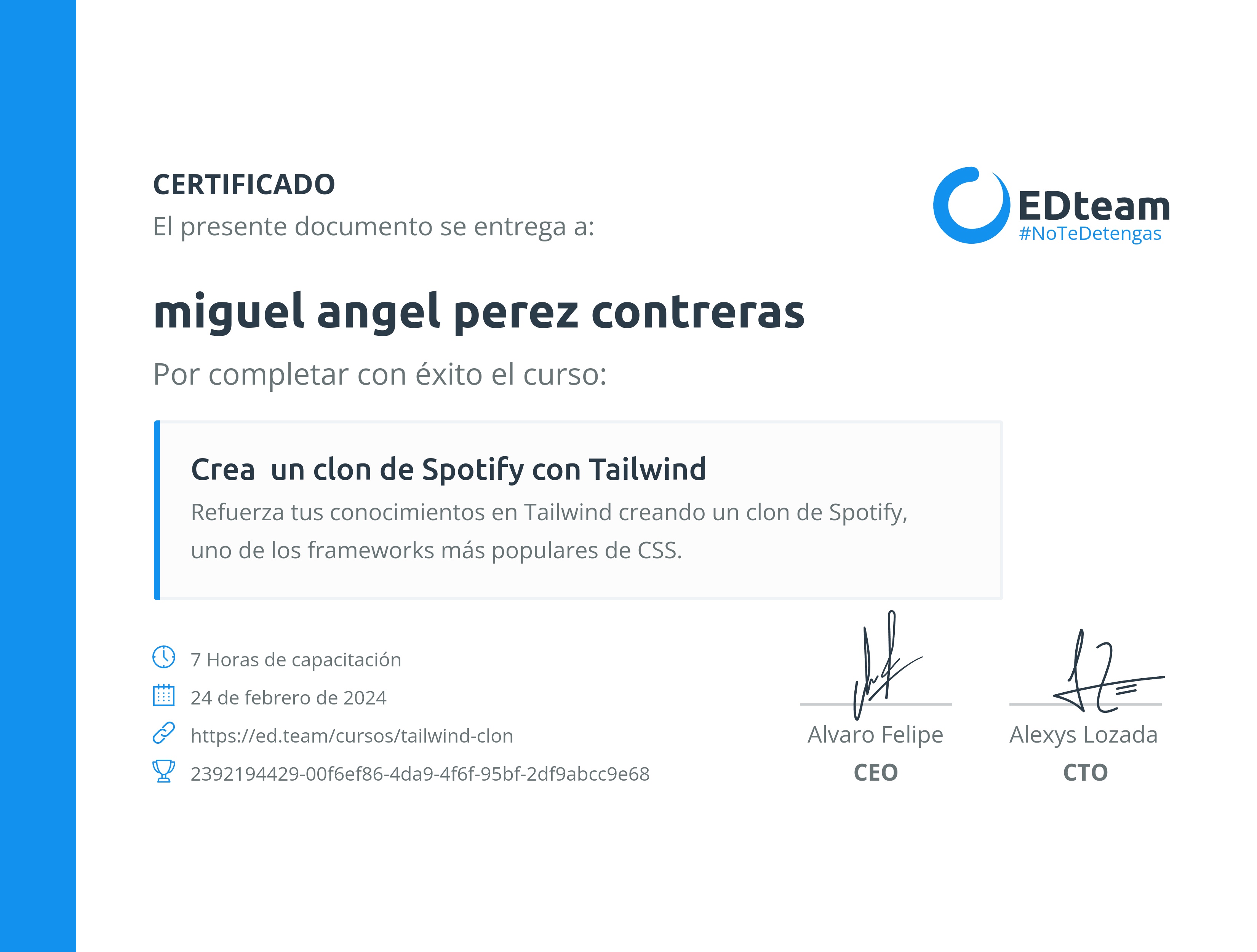 Certificado de miguel angel perez contreras del curso Crea un clon de Spotify con Tailwind