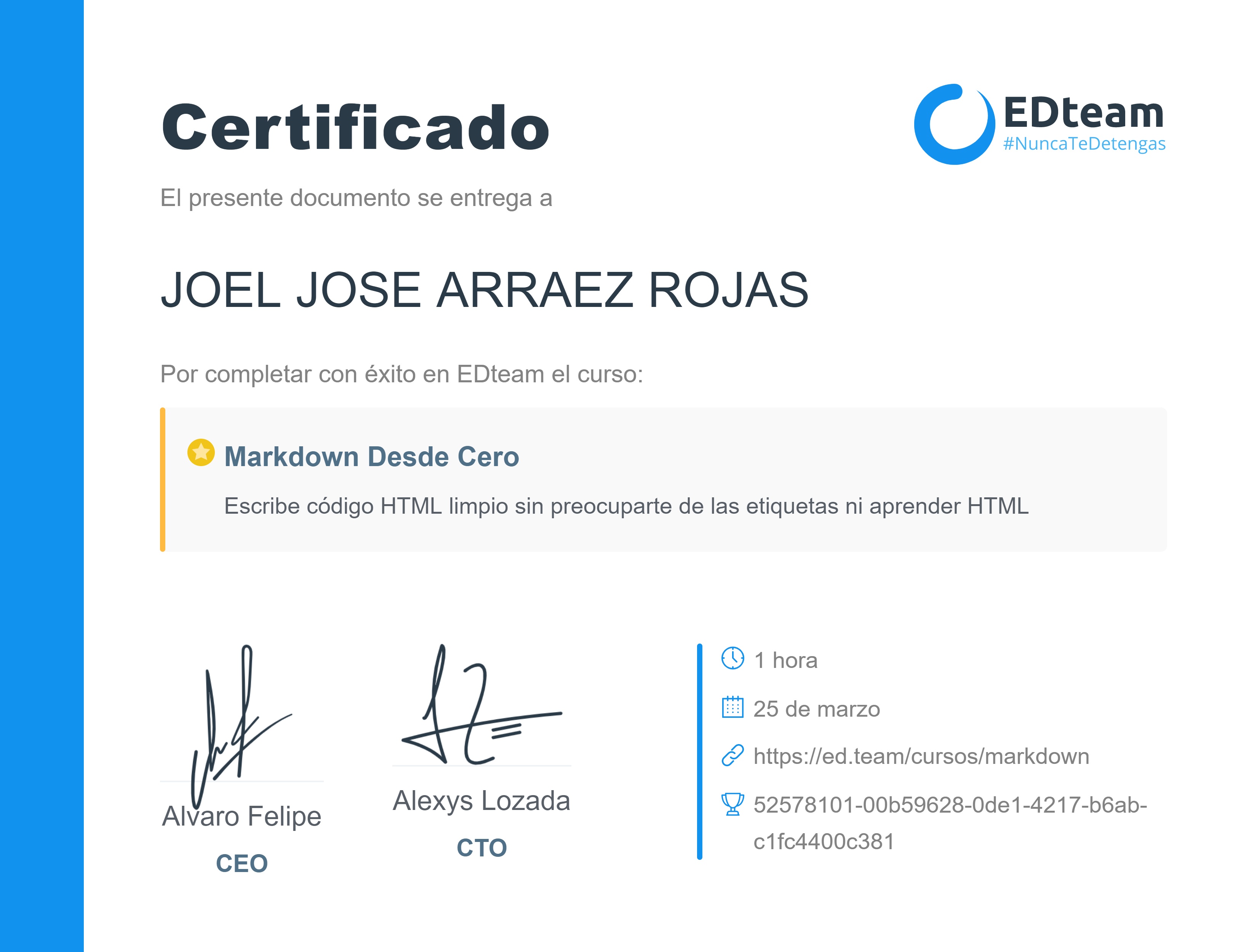 Certificado de Joel J Arraez Rojas del curso Markdown desde cero (Gratis)