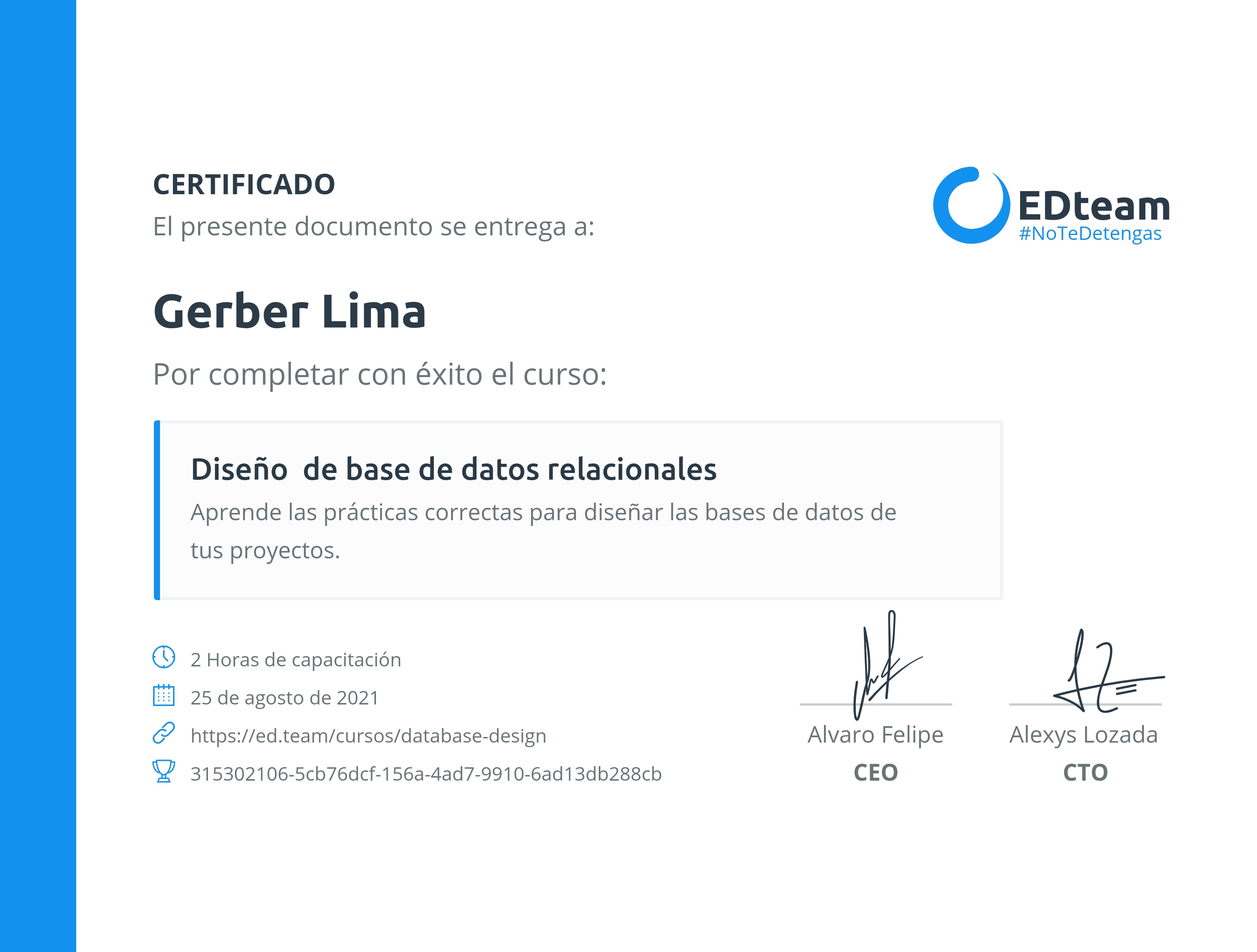 Certificado de Gerber Lima del curso Diseña bases de datos relacionales con buenas prácticas