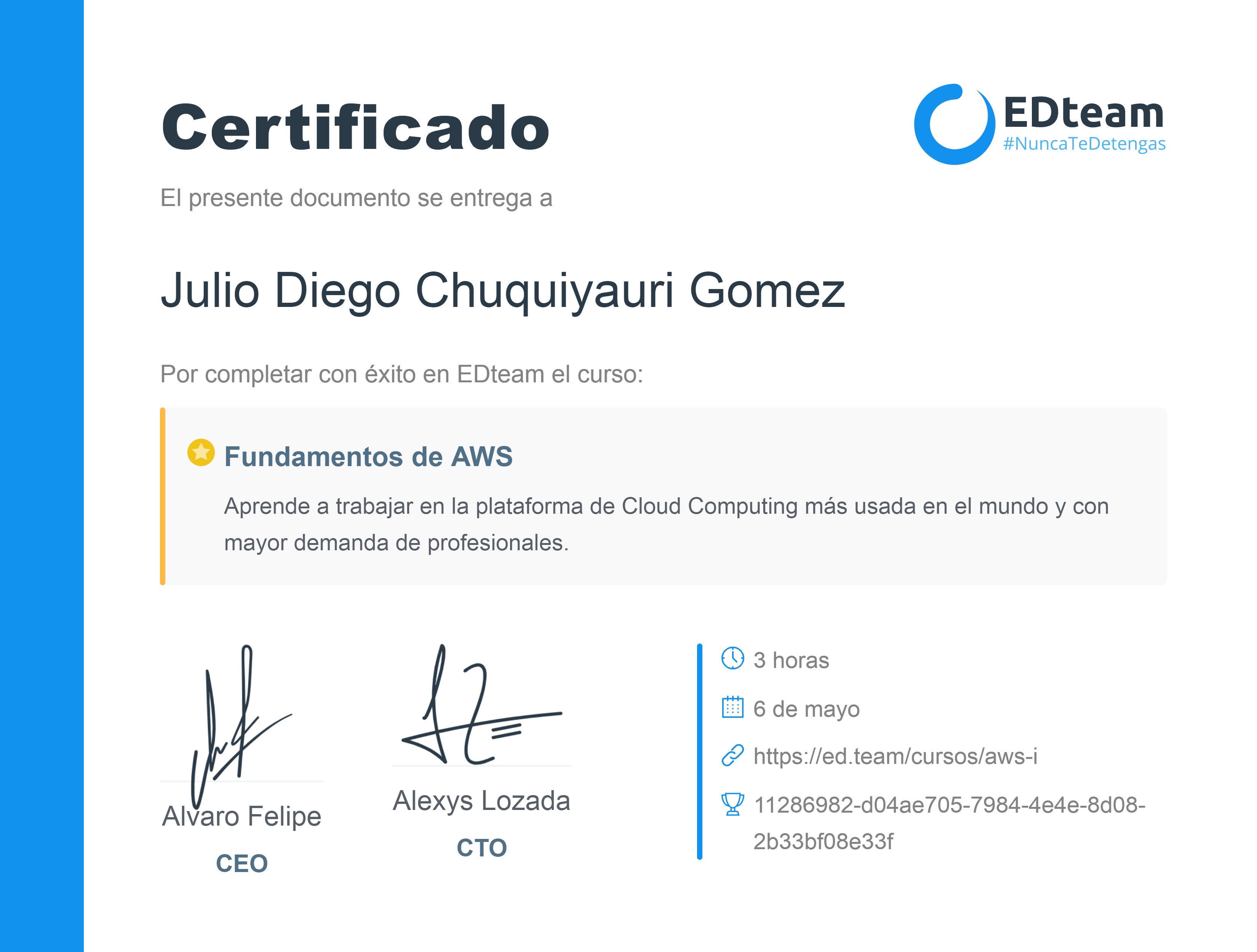 Certificado de Julio Diego Chuquiyauri Gomez del curso Fundamentos de AWS (2018)