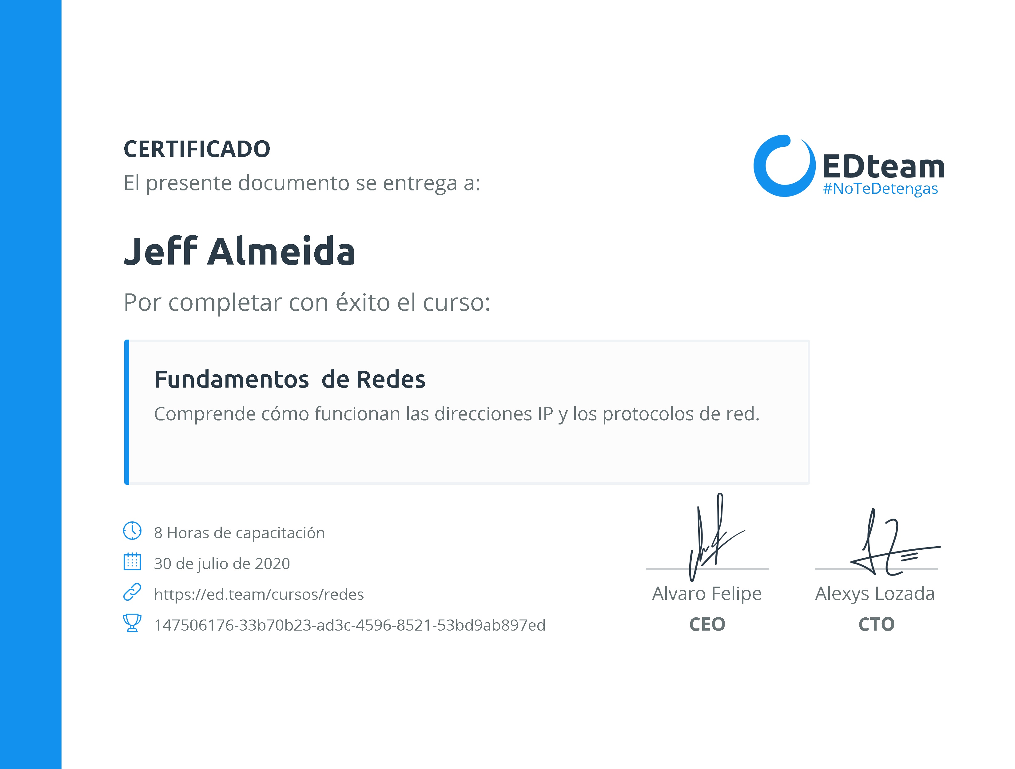 Certificado de Jeff Almeida del curso Fundamentos de Redes 2019