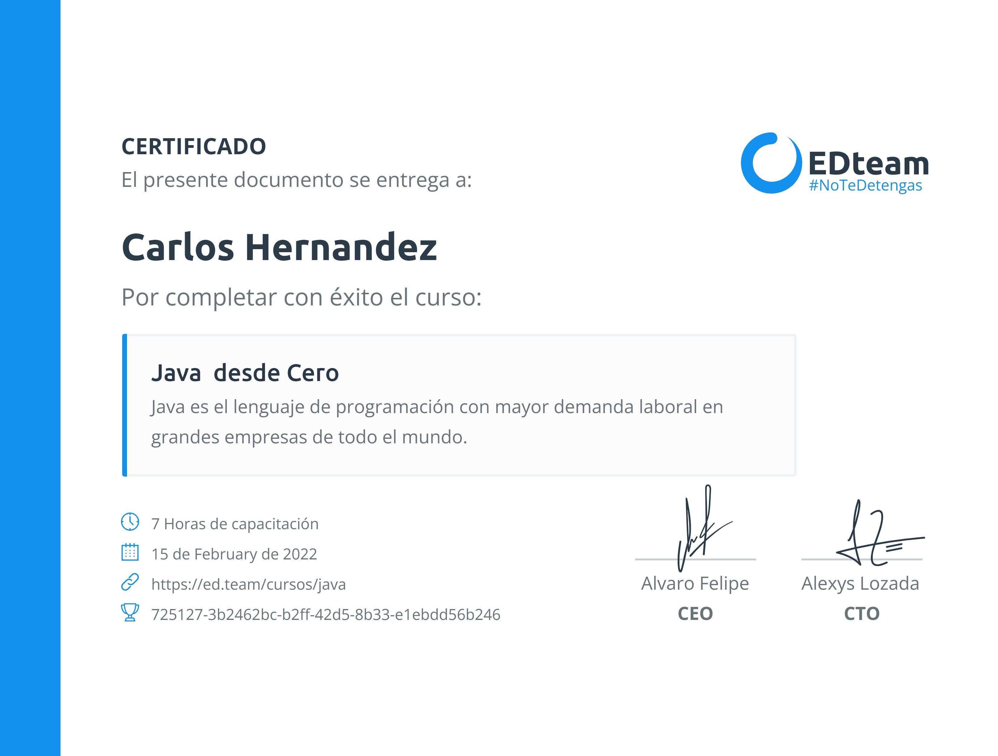 Certificado de Carlos Hernandez del curso Java desde Cero 2019
