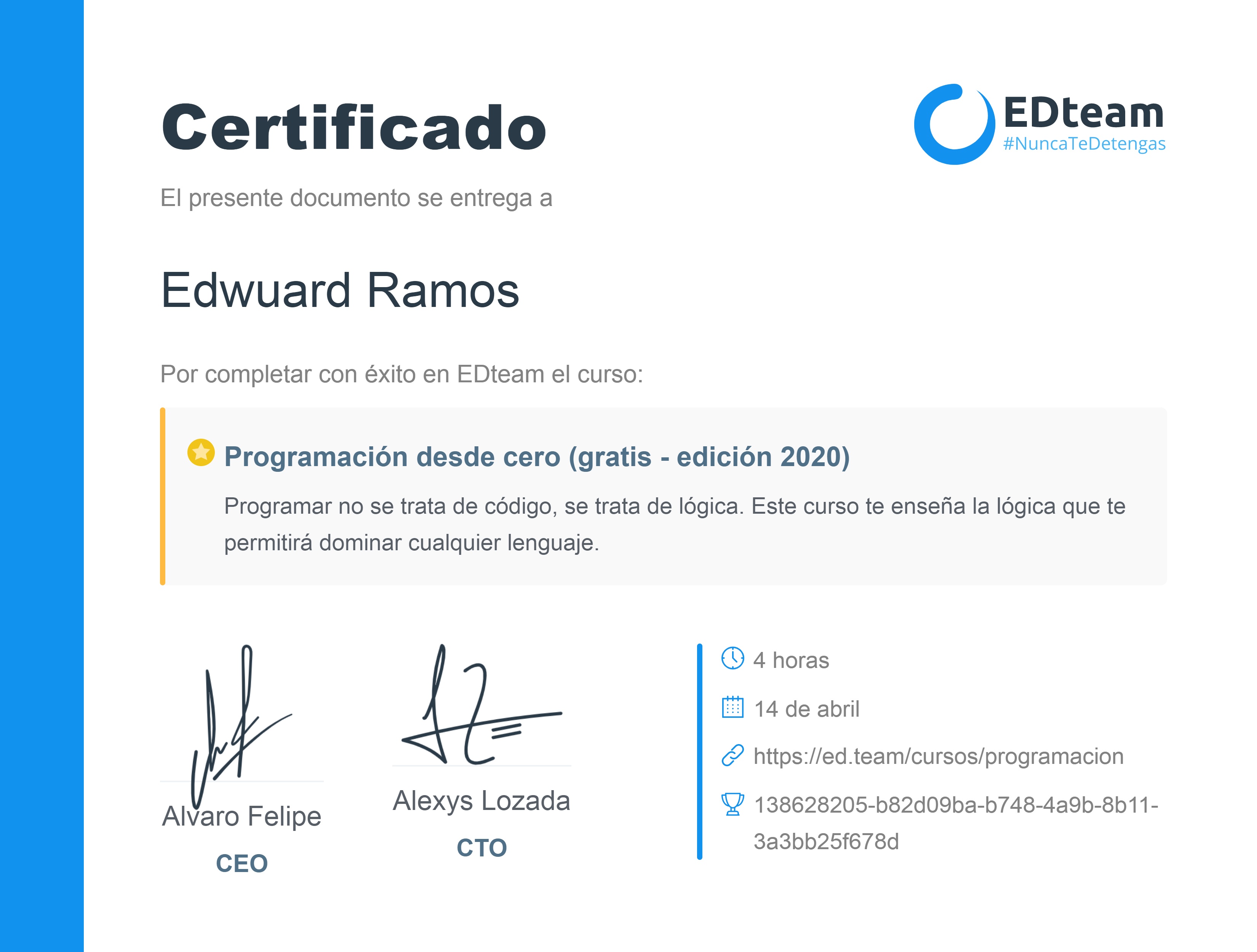 Certificado de Edwuard Ramos del curso Programación desde cero (2019)