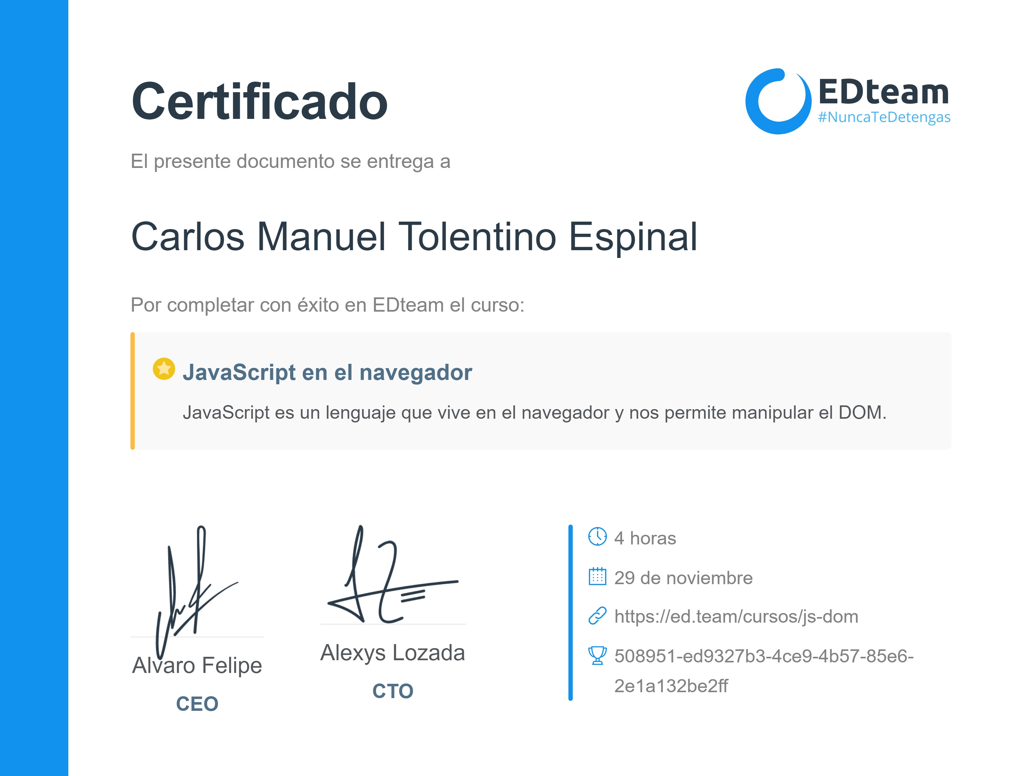 Certificado de Carlos Manuel Tolentino Espinal del curso JavaScript en el navegador