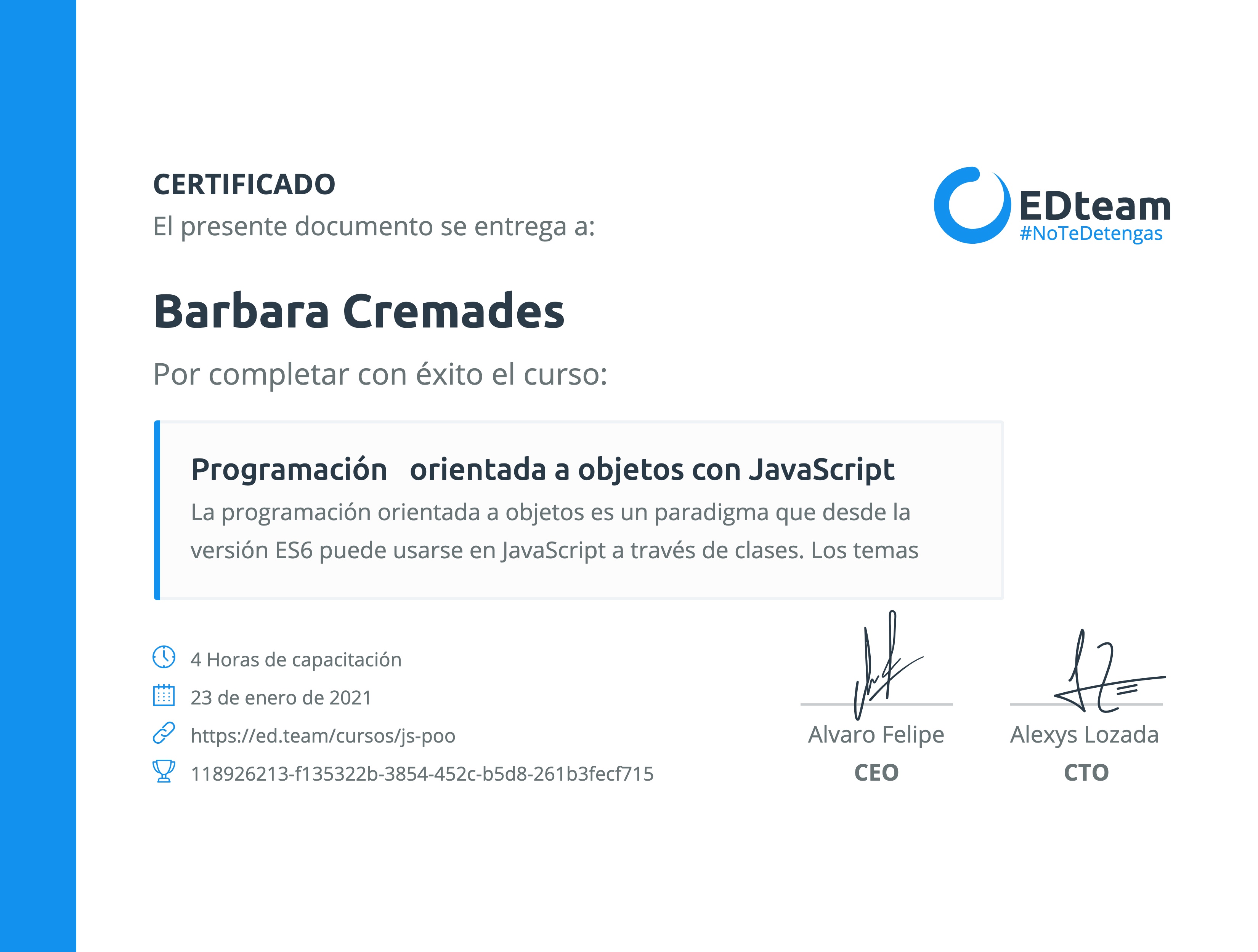 Certificado de Barbara Cremades del curso Programación orientada a objetos con JavaScript