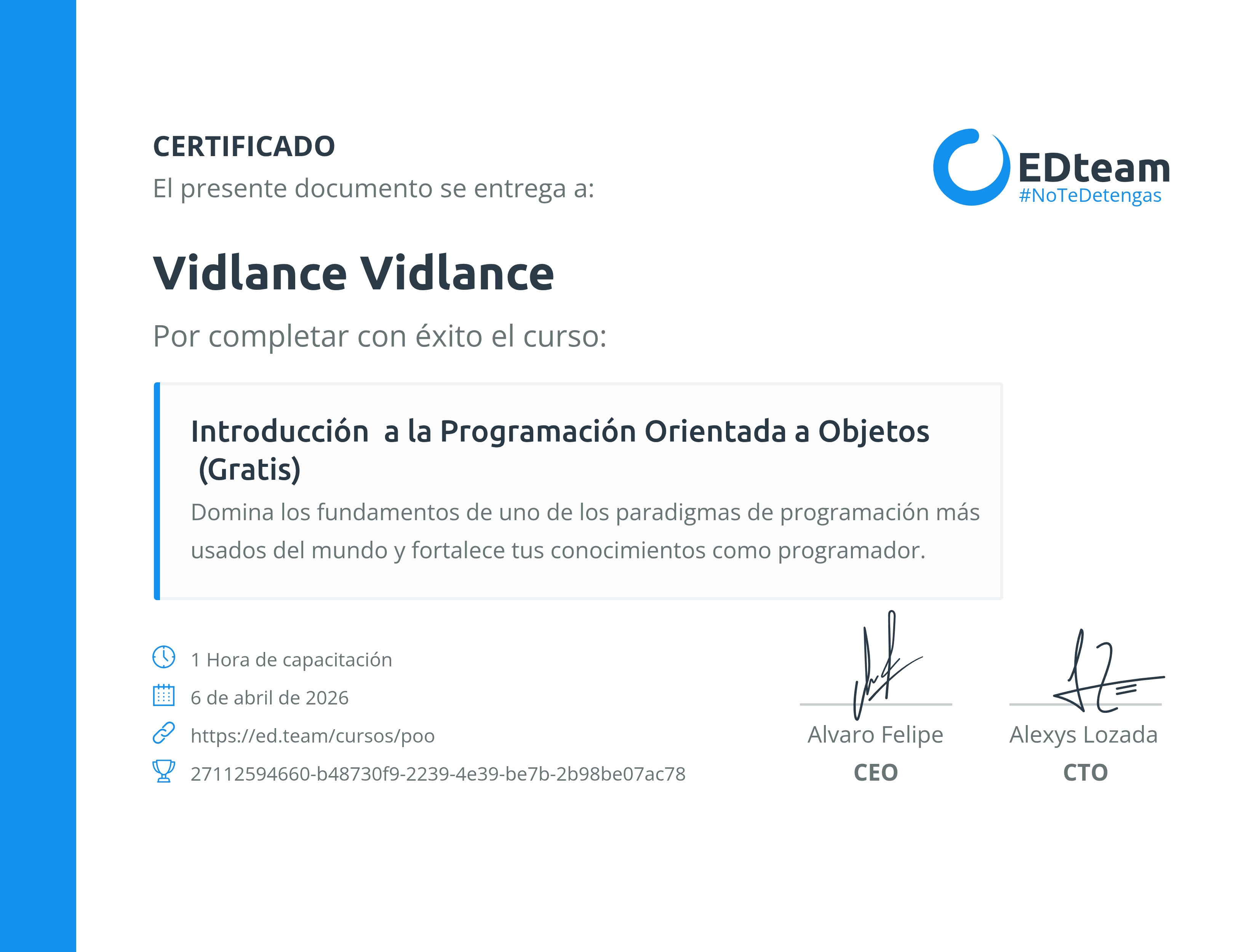 Certificado de vidlance t del curso Introducción a la Programación Orientada a Objetos (Gratis)