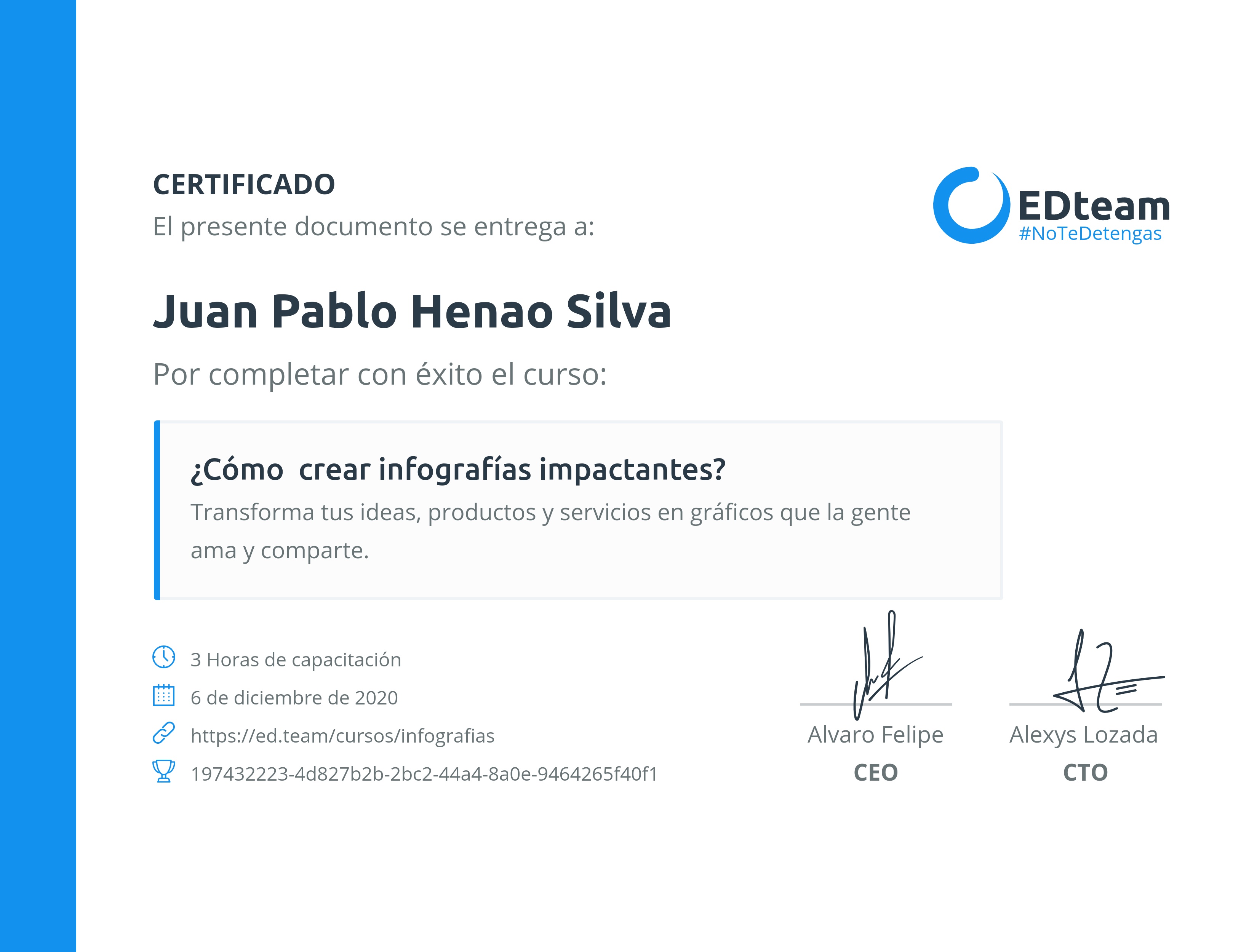 Certificado de Juan Pablo Henao Silva del curso ¿Cómo crear infografías impactantes?