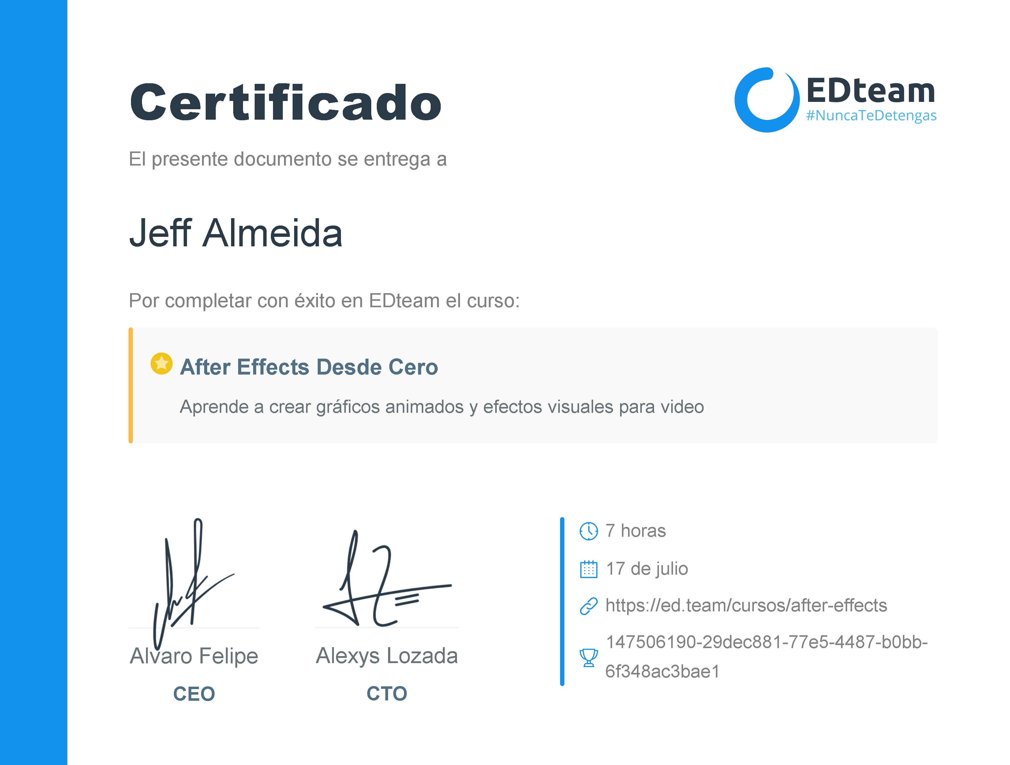 Certificado de Jeff Almeida del curso After Effects desde cero