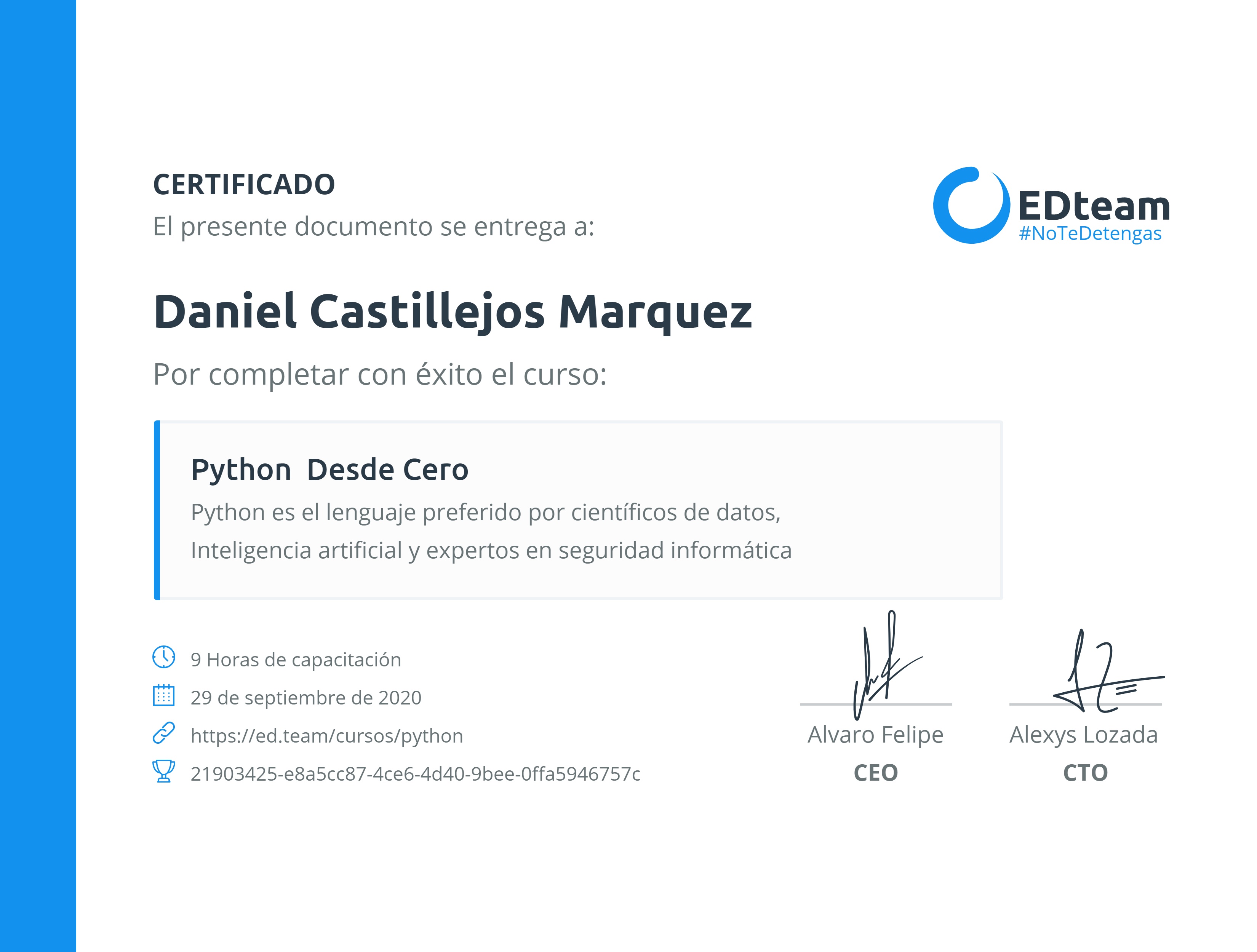 Certificado de Daniel Castillejos Marquez del curso Python Desde Cero (2017)