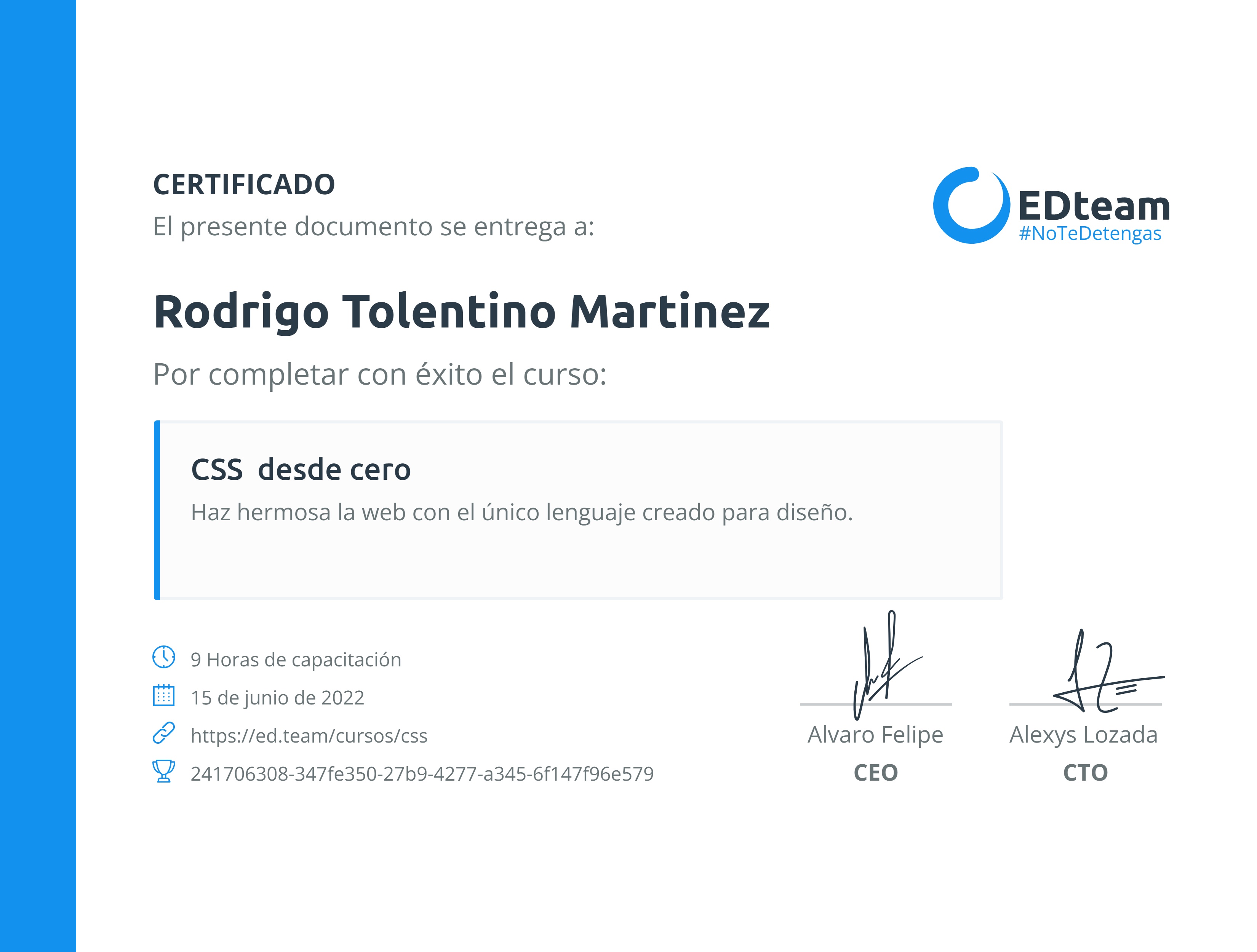 Certificado de Rodrigo Tolentino Martinez del curso CSS desde cero (2020)