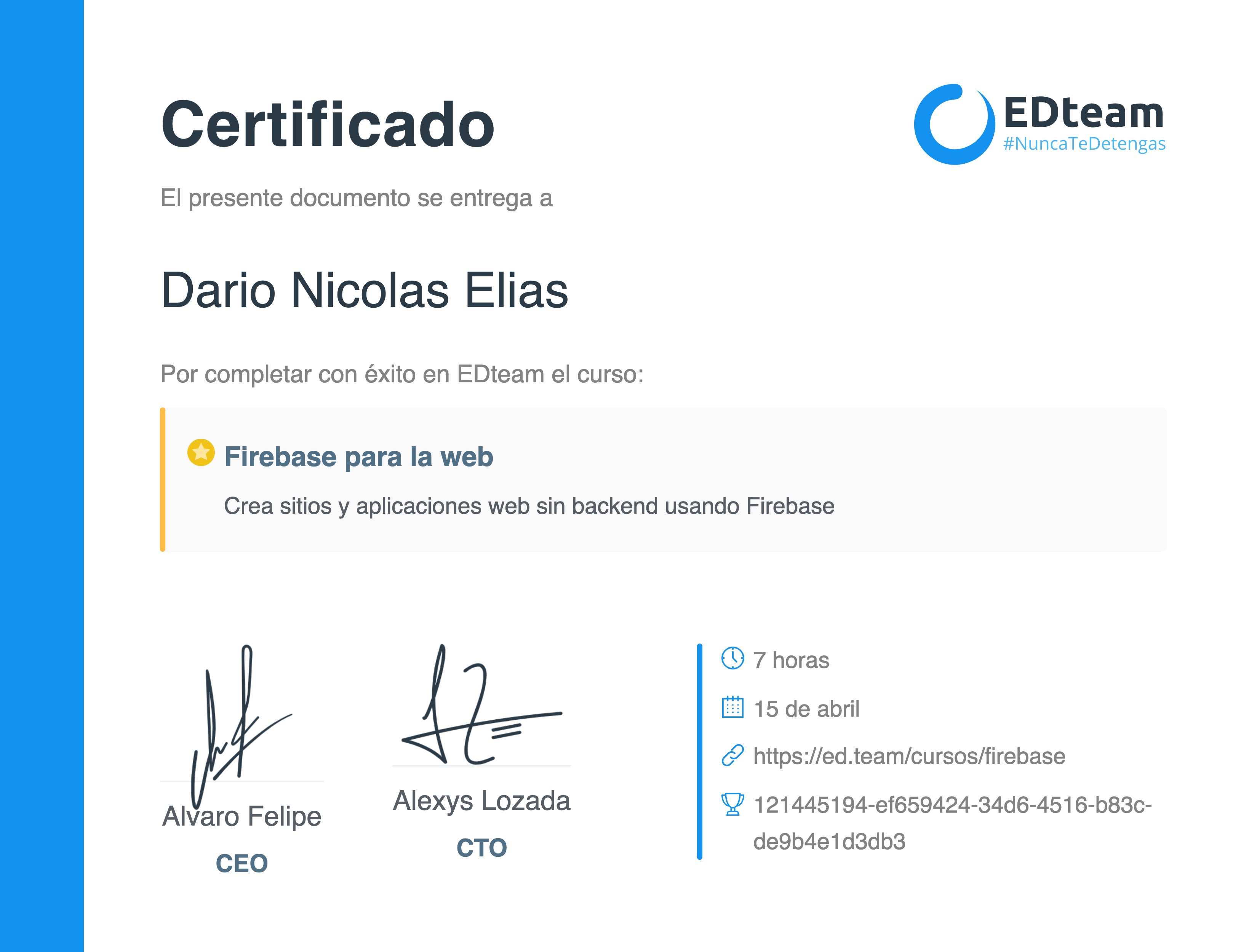 Certificado de Dario Nicolas Elias del curso Firebase para la web