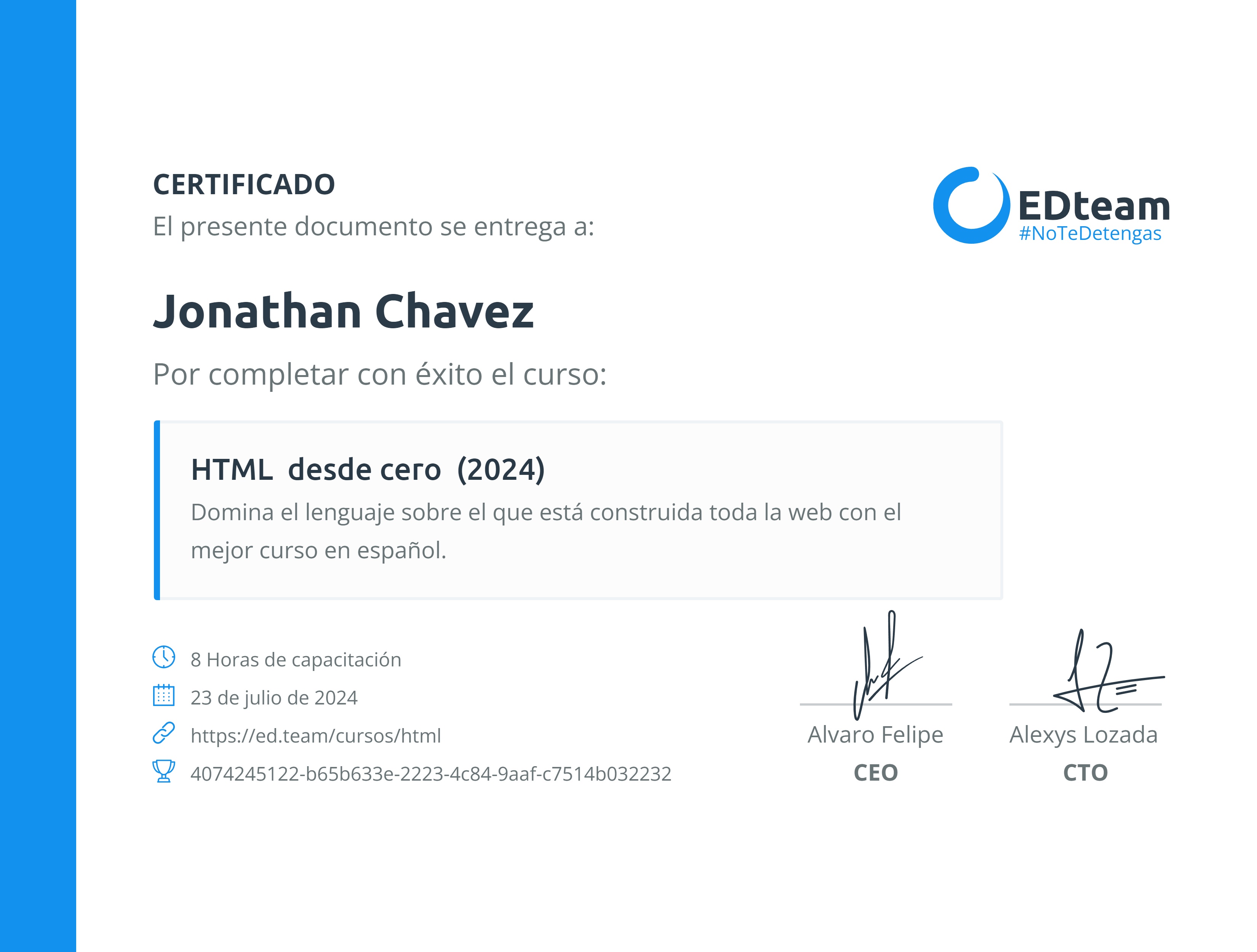 Certificado de Jonathan Chavez del curso HTML desde cero (2024) | EDteam