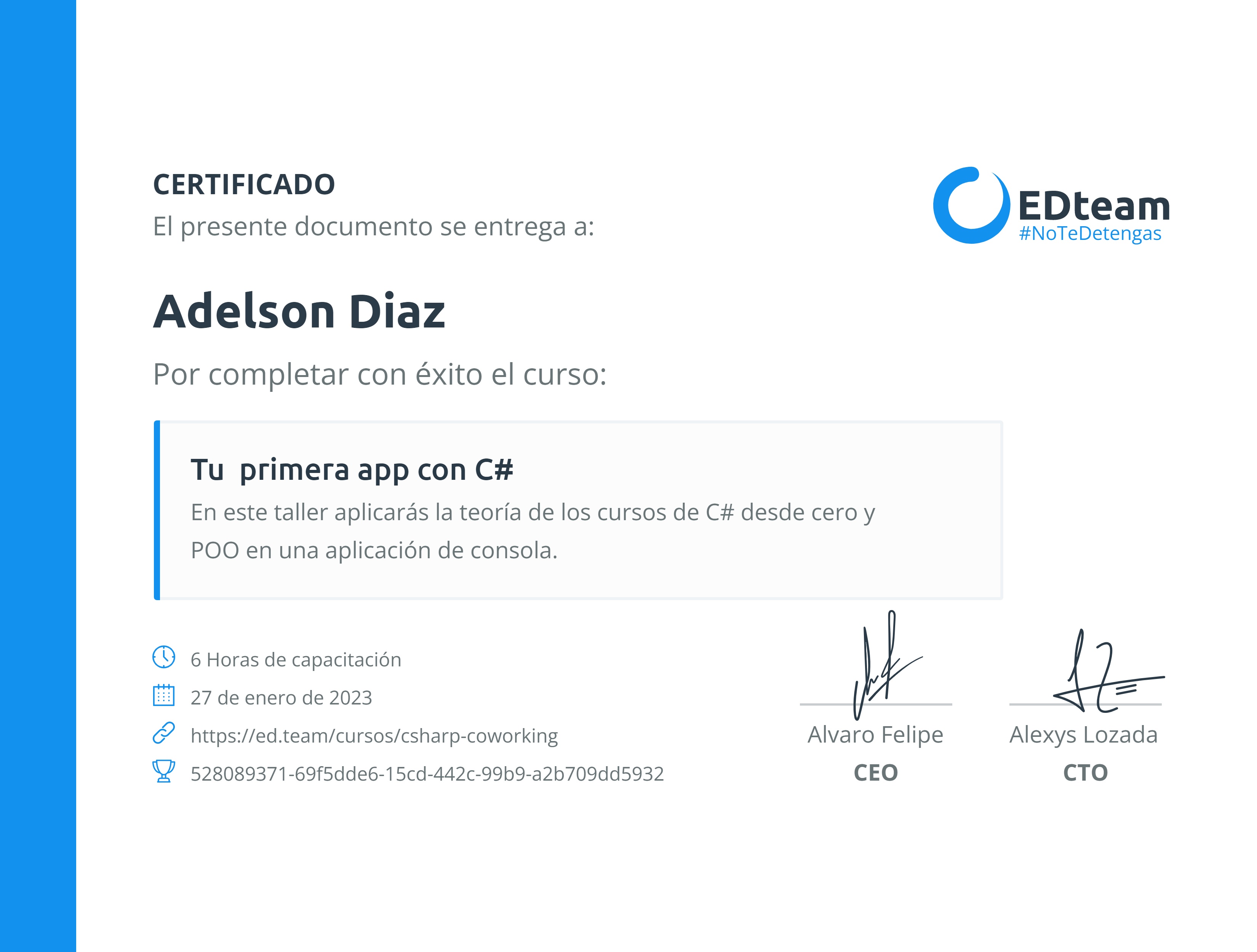 Certificado de Adelson Diaz del curso Tu primera app con C#