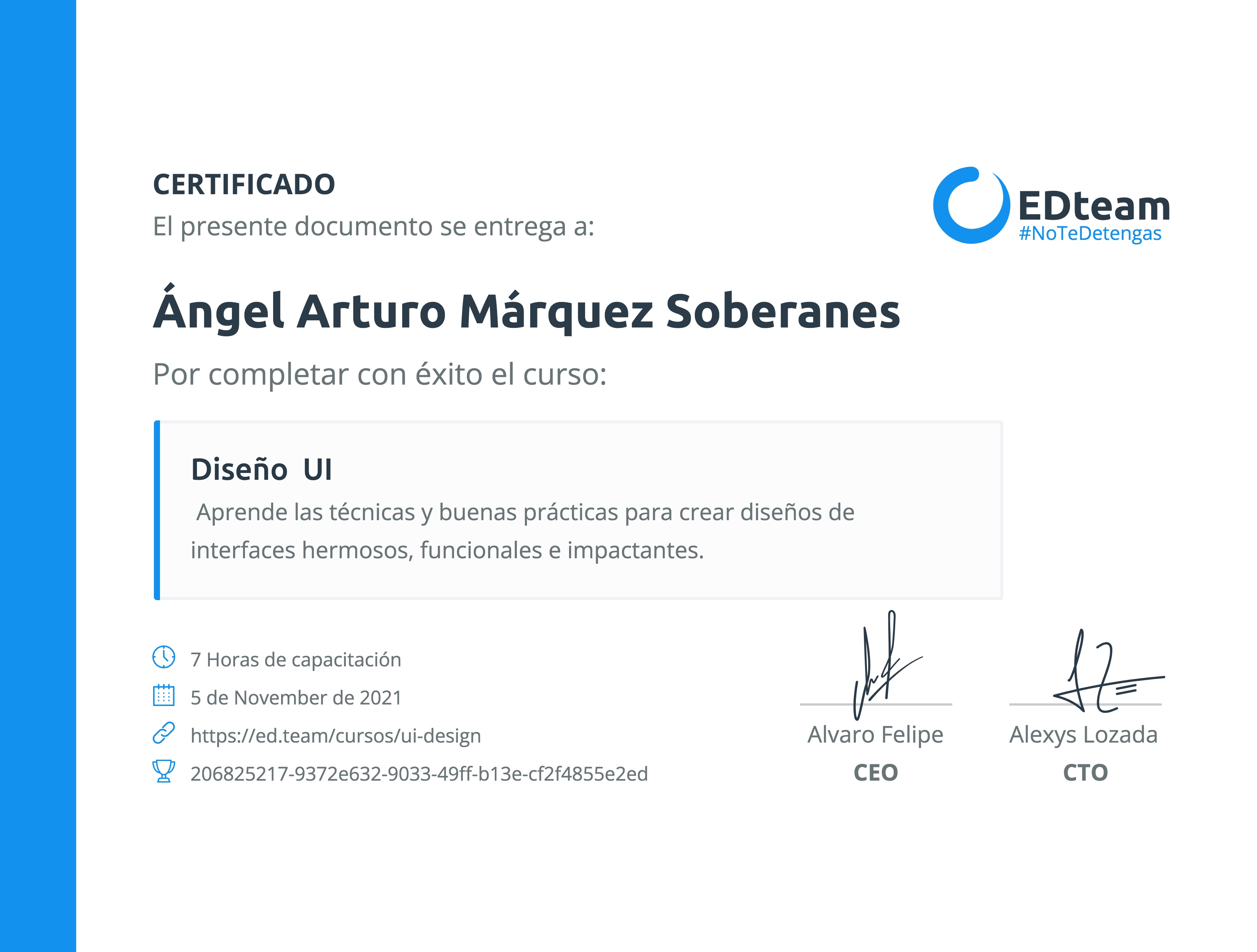 Certificado de Ángel Arturo Márquez Soberanes del curso Diseño UI
