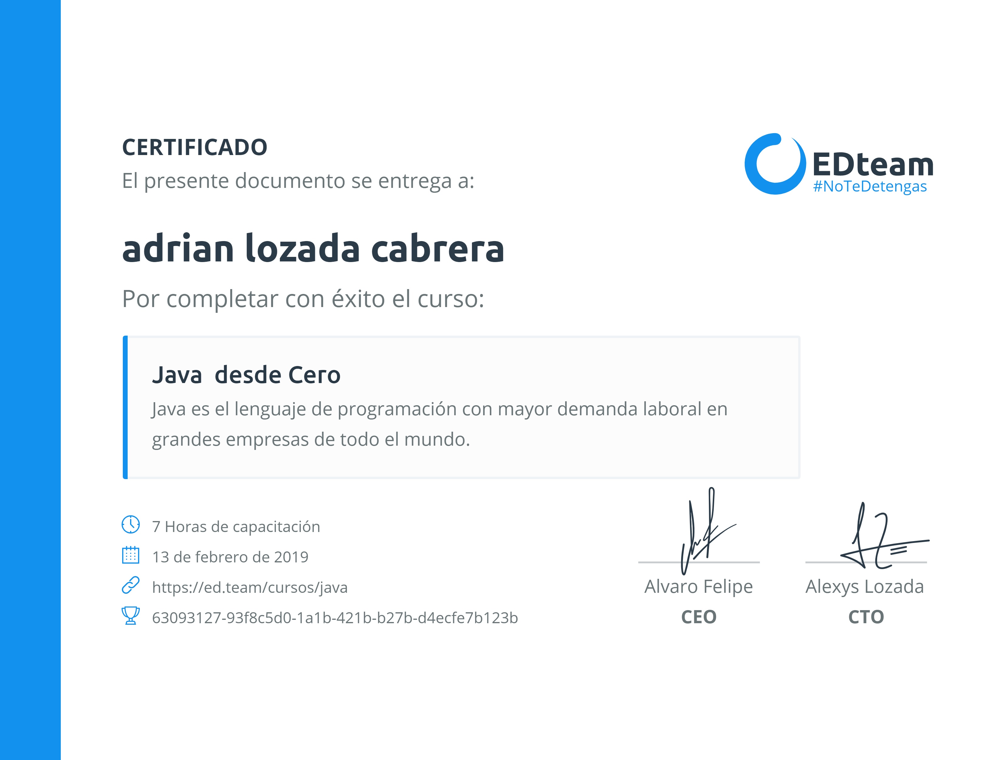 Certificado de adrian lozada cabrera del curso Java desde Cero 2019