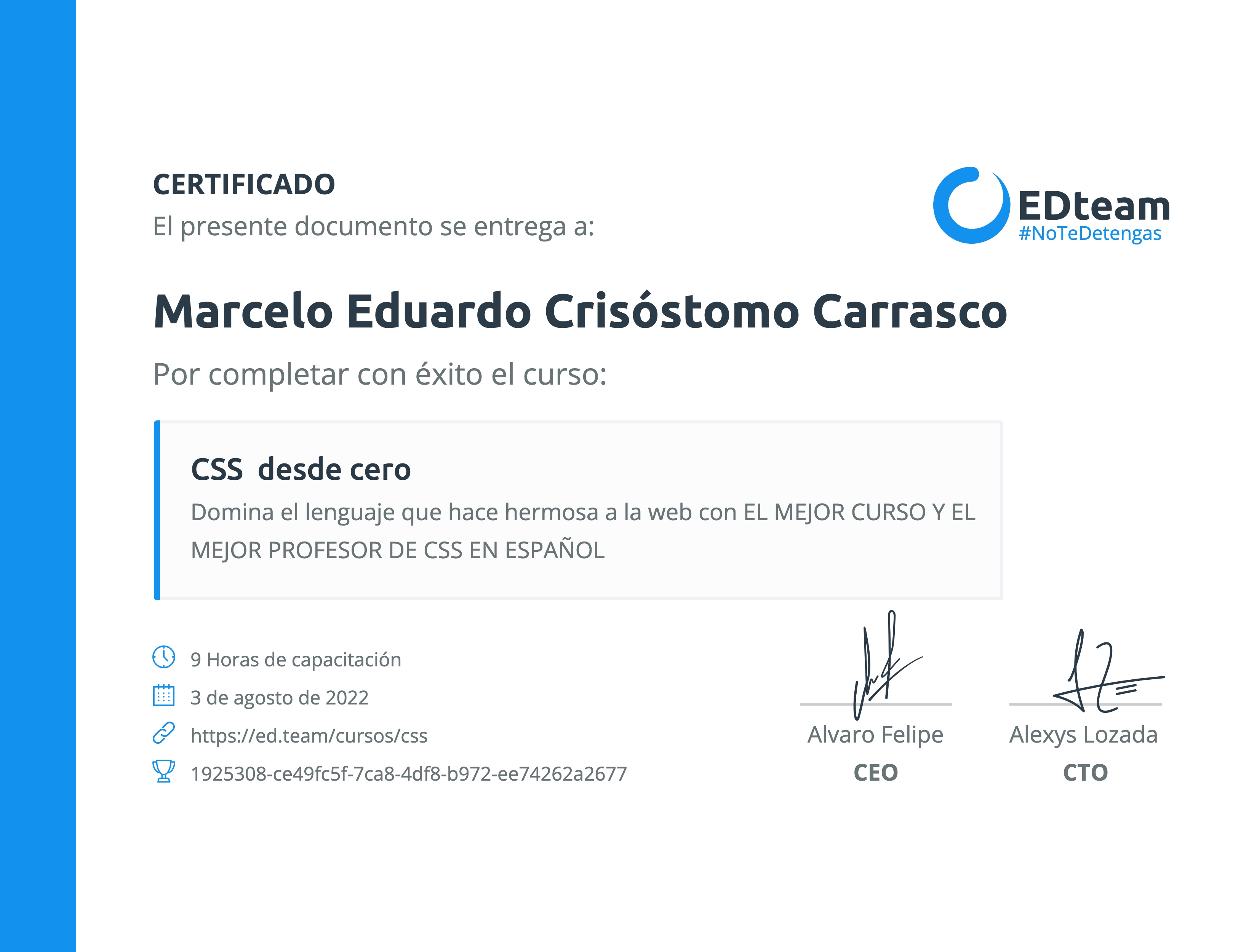 Certificado de Marcelo Eduardo Crisóstomo Carrasco del curso CSS desde cero (2020)