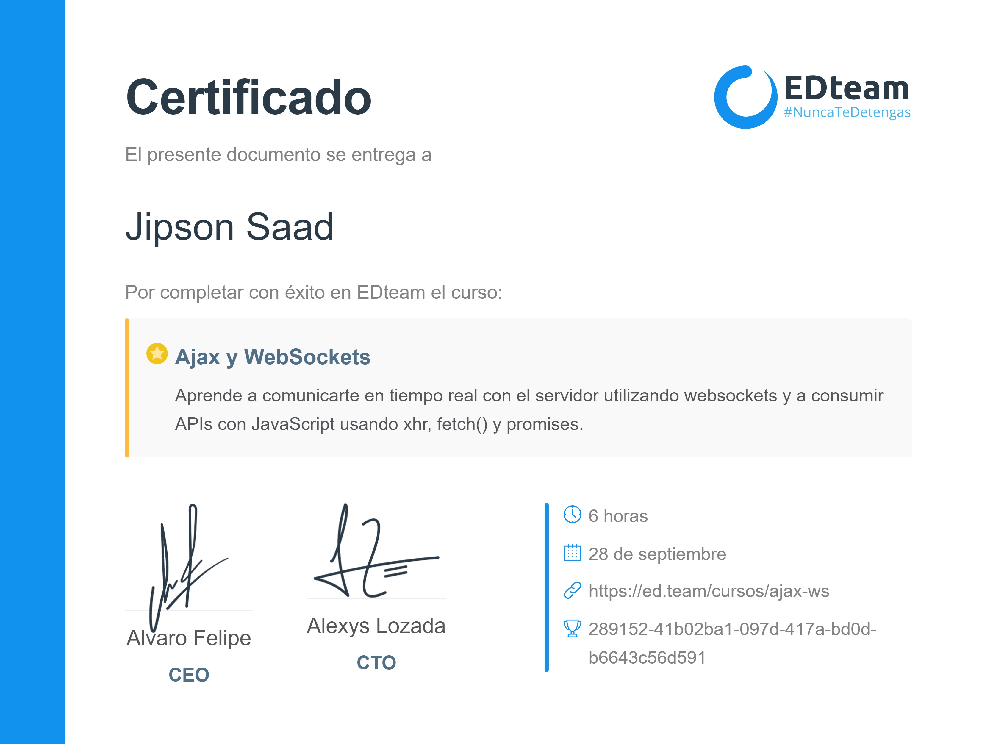Certificado de Jipson Saad del curso Ajax y WebSockets