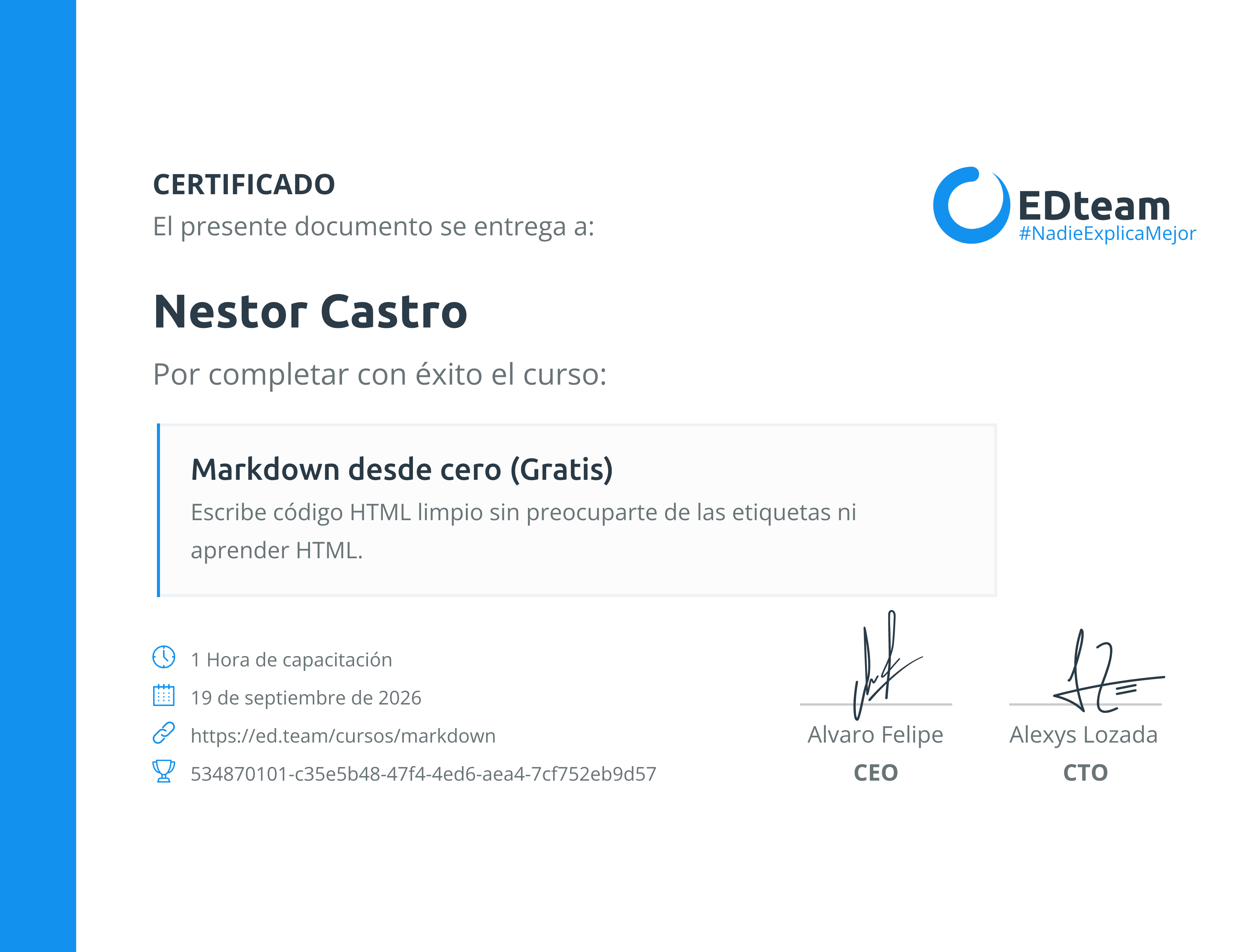Certificado de Nestor Castro del curso Markdown desde cero (Gratis)
