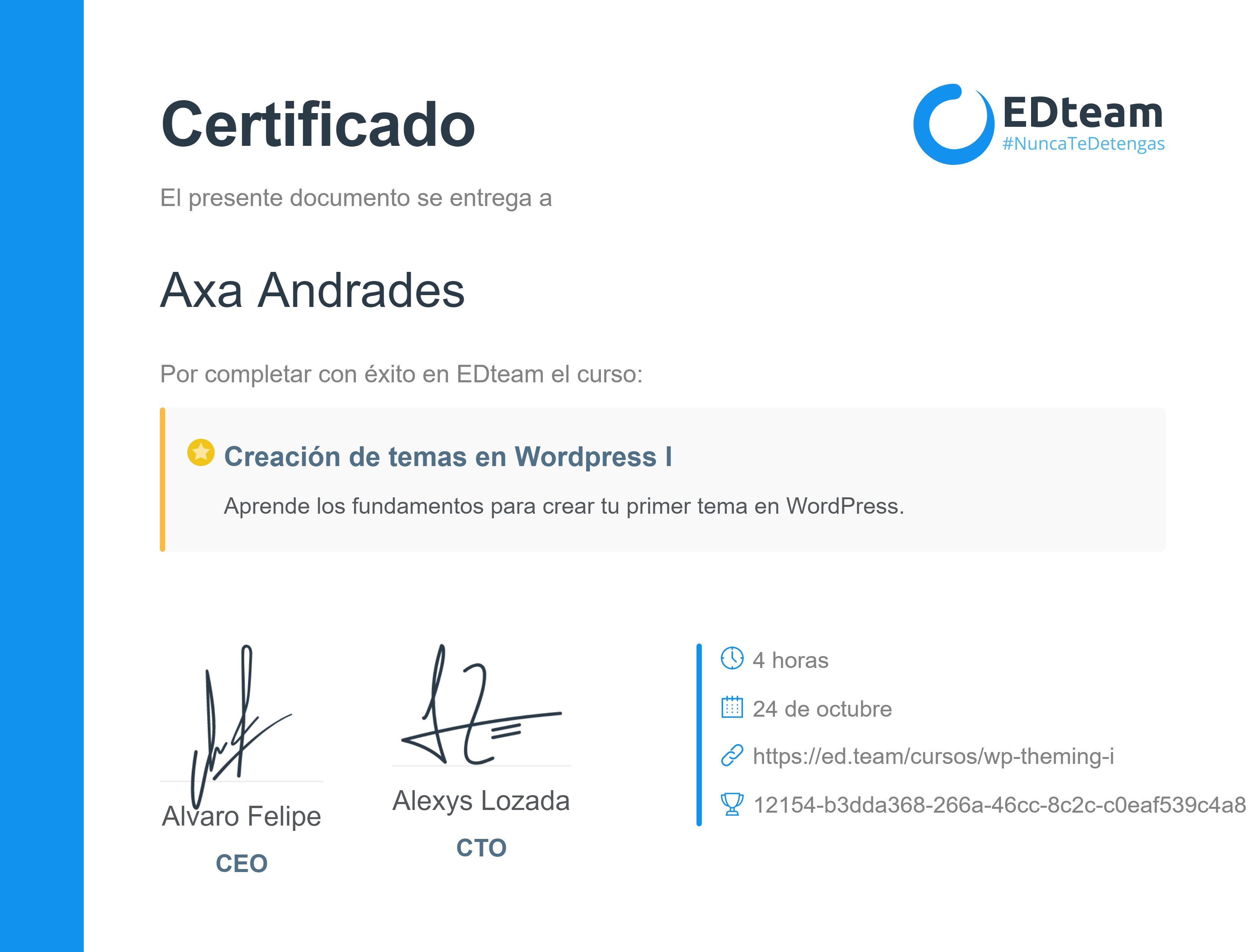 Certificado de Axa Andrades del curso Creación de temas en Wordpress I (2018)