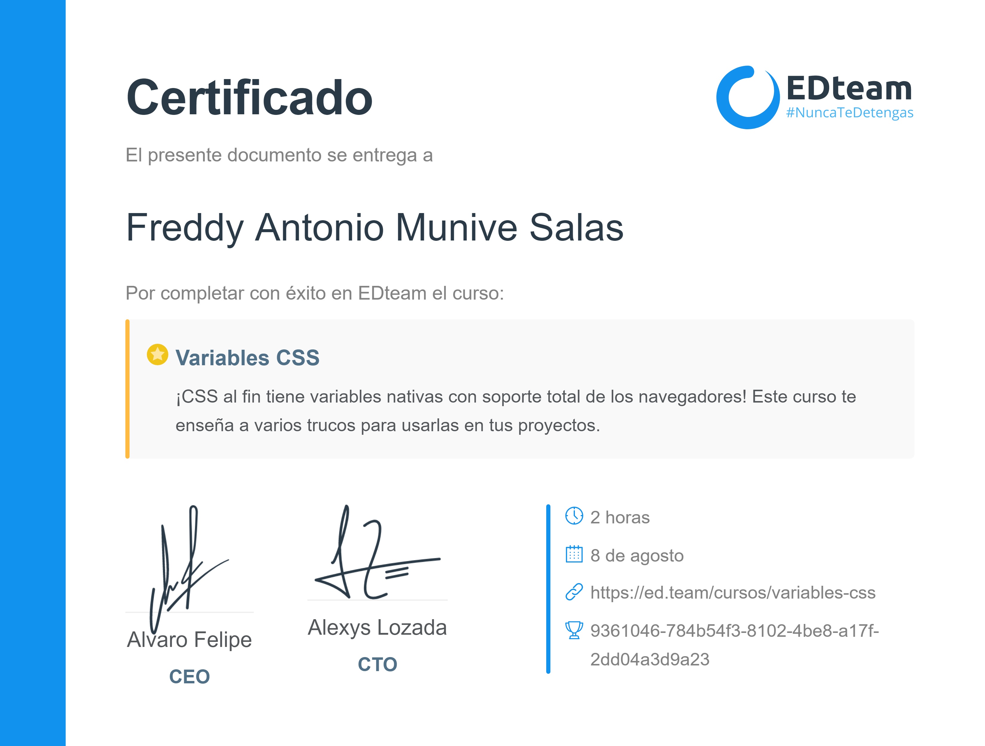 Certificado de Freddy Antonio Munive Salas del curso Variables CSS