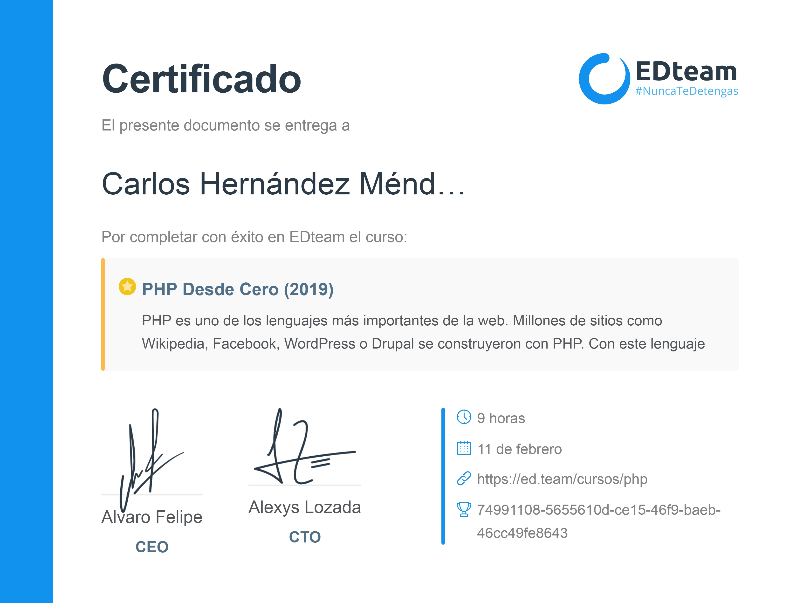 Certificado de Carlos Hernández Méndez del curso PHP Desde Cero