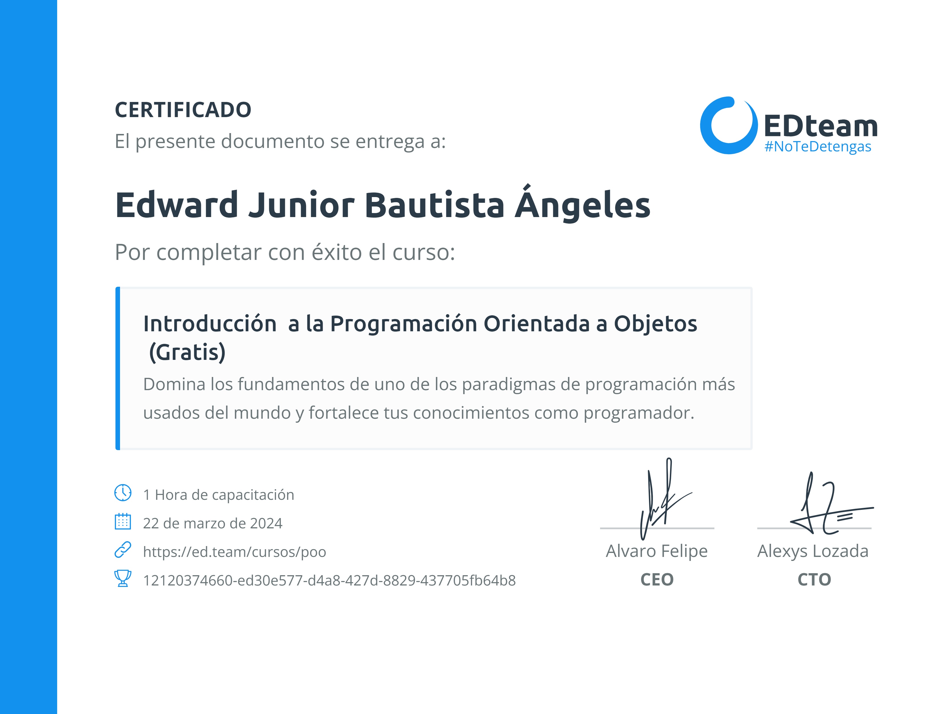 Certificado de Edward Junior Bautista Ángeles del curso Introducción a la Programación Orientada a Objetos (Gratis)