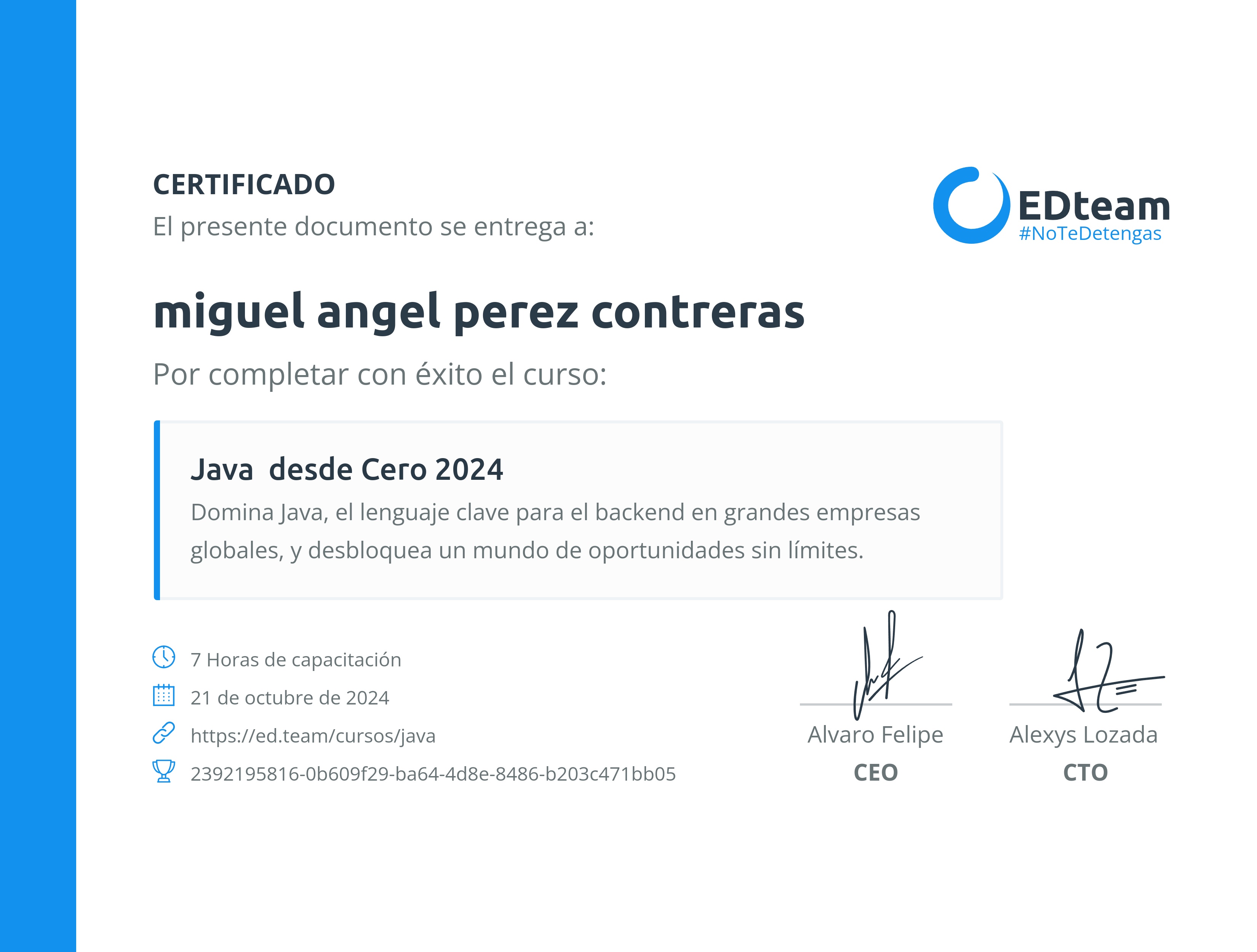Certificado de miguel angel perez contreras del curso Java desde Cero 2024