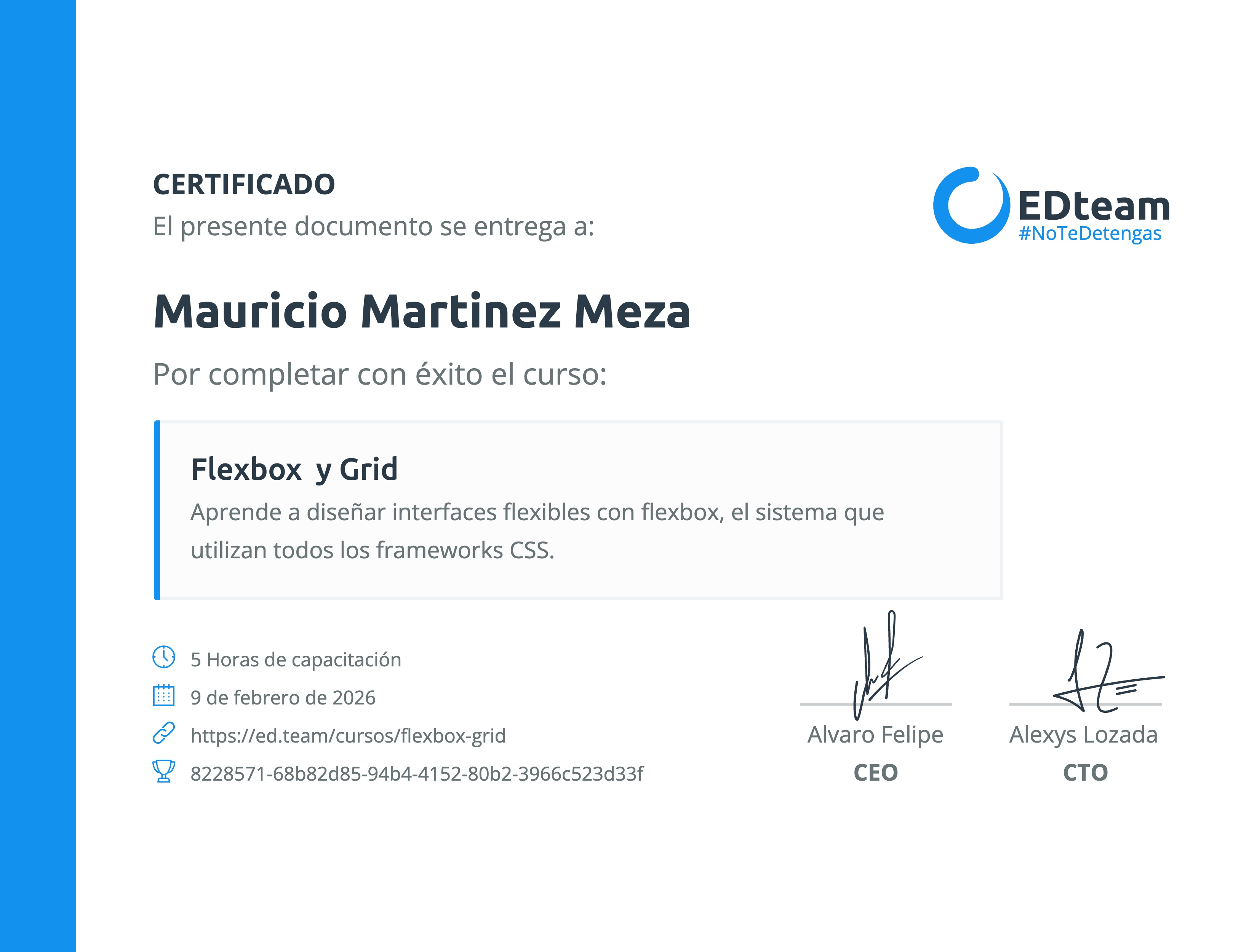 Certificado de Mauricio Martinez Meza del curso Flexbox y Grid