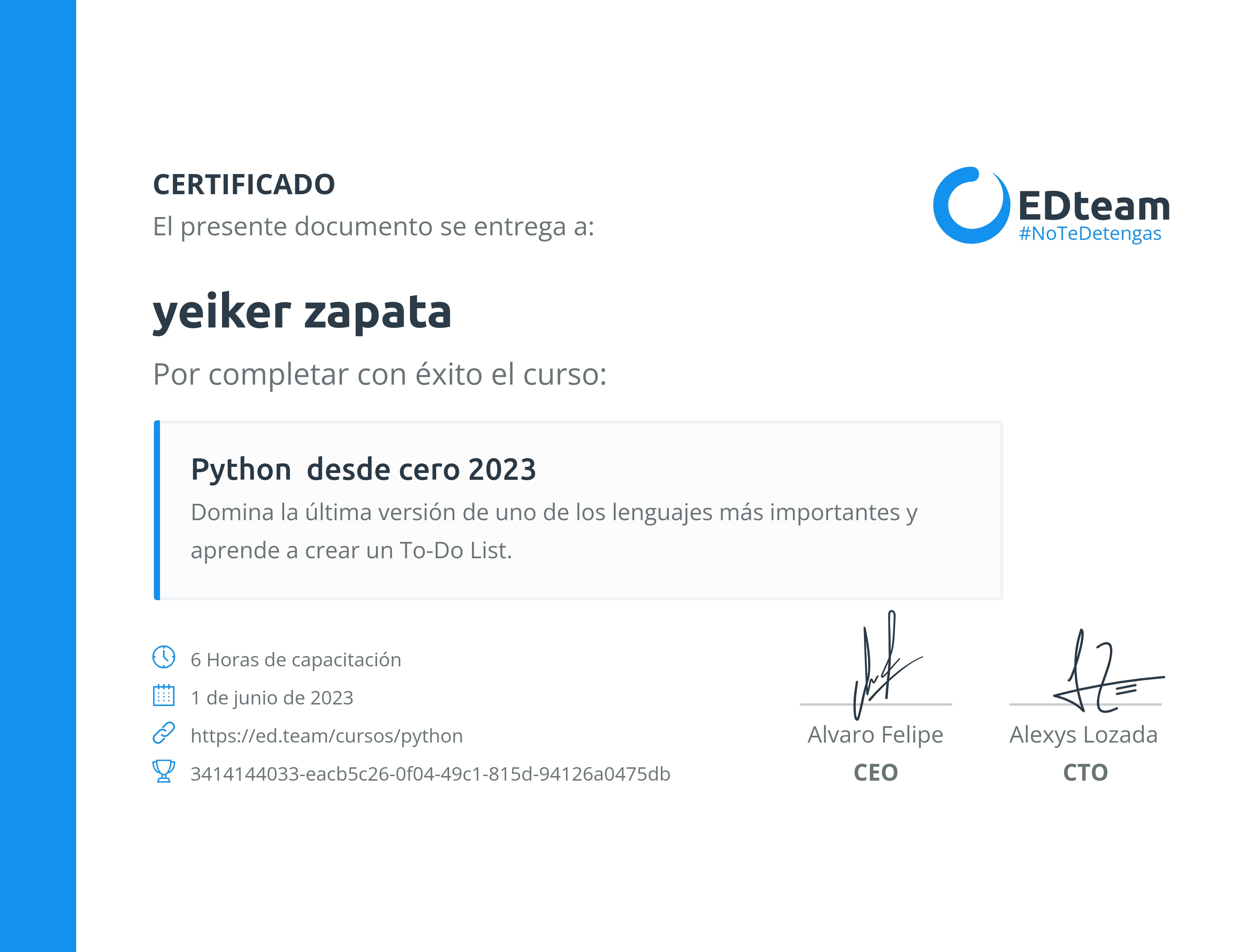 Certificado de yeiker zapata del curso Python desde cero 2023