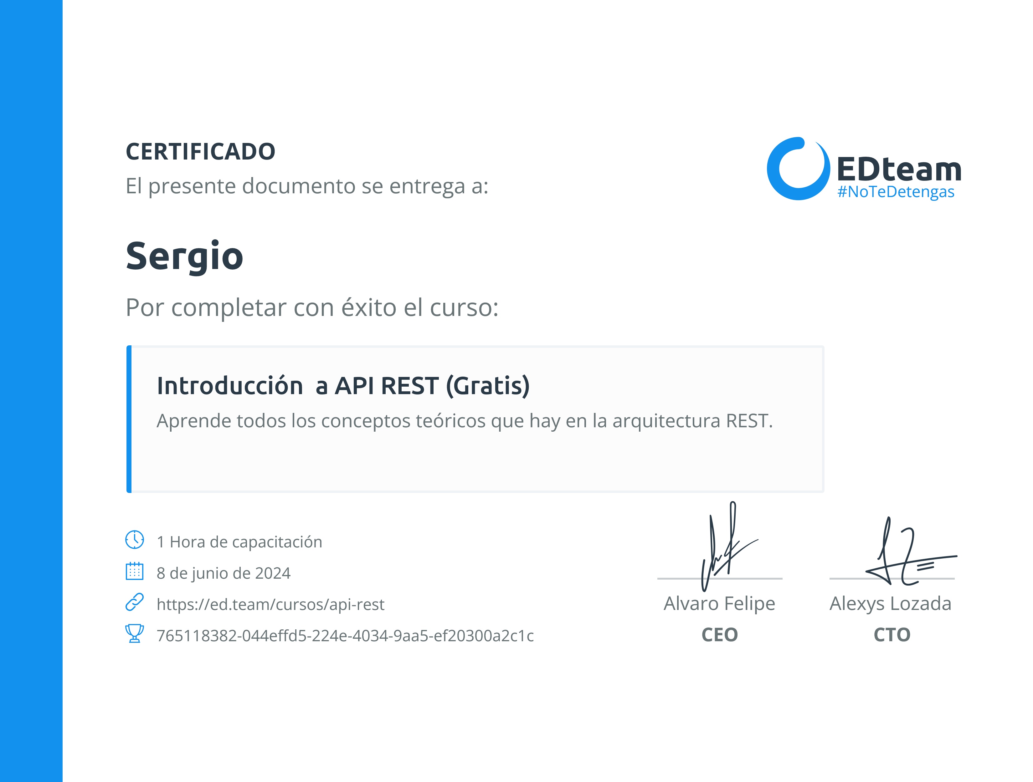 Certificado de Sergio del curso Introducción a API REST (Gratis)