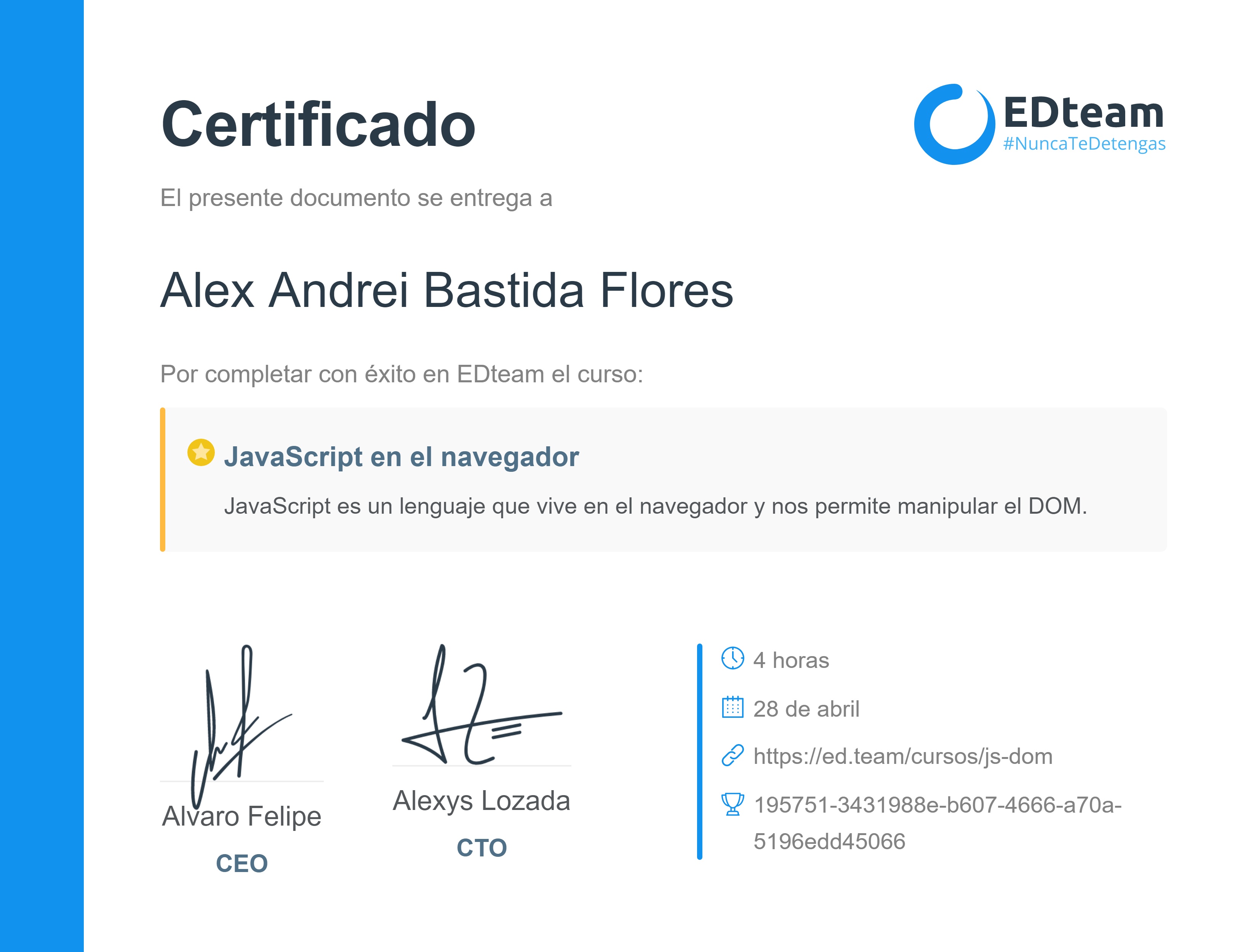 Certificado de Alex Andrei del curso JavaScript en el navegador