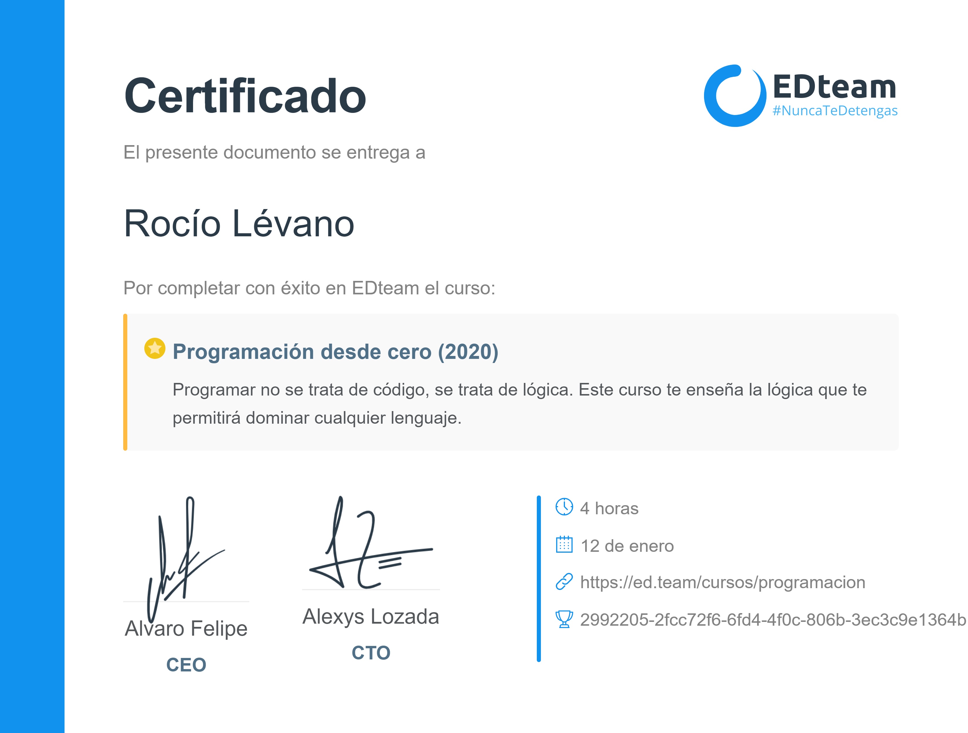 Certificado de Rocío Lévano del curso Programación desde cero (2019)