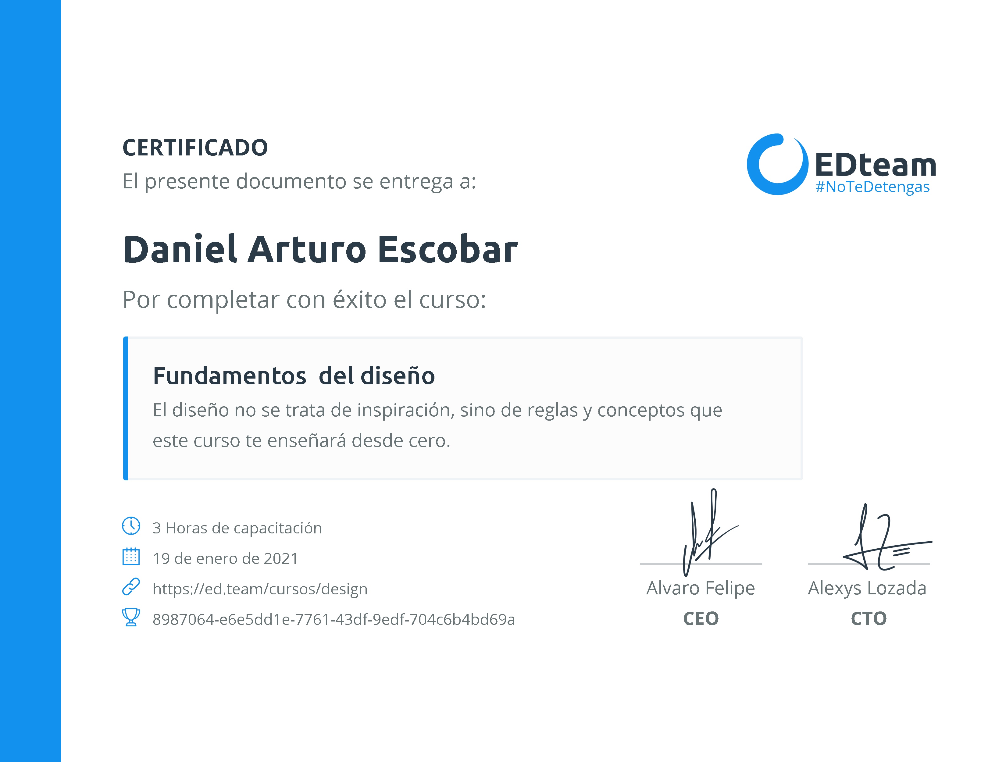Certificado de Daniel Arturo Escobar del curso Fundamentos del diseño